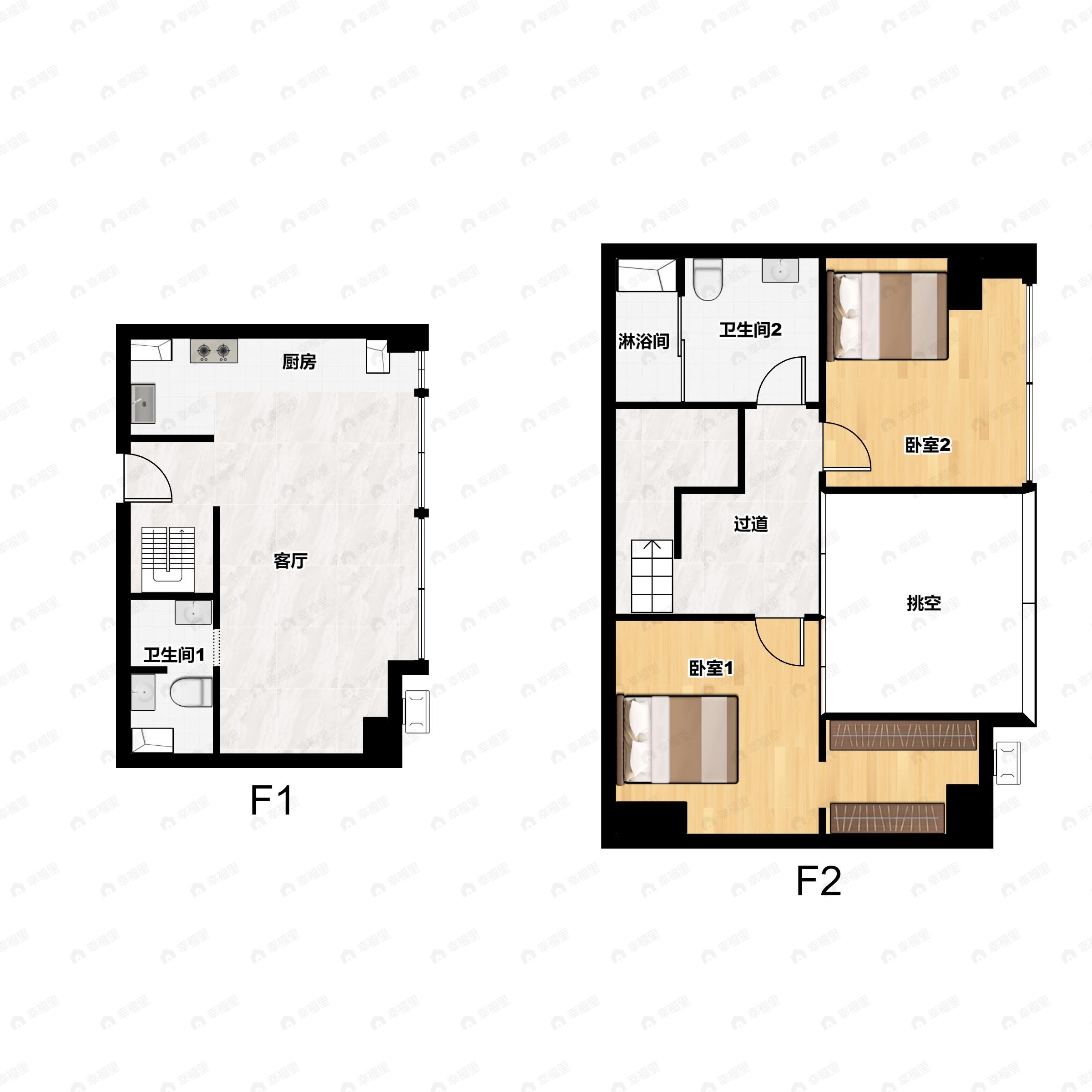 2室1厅2卫建面71平南户型图