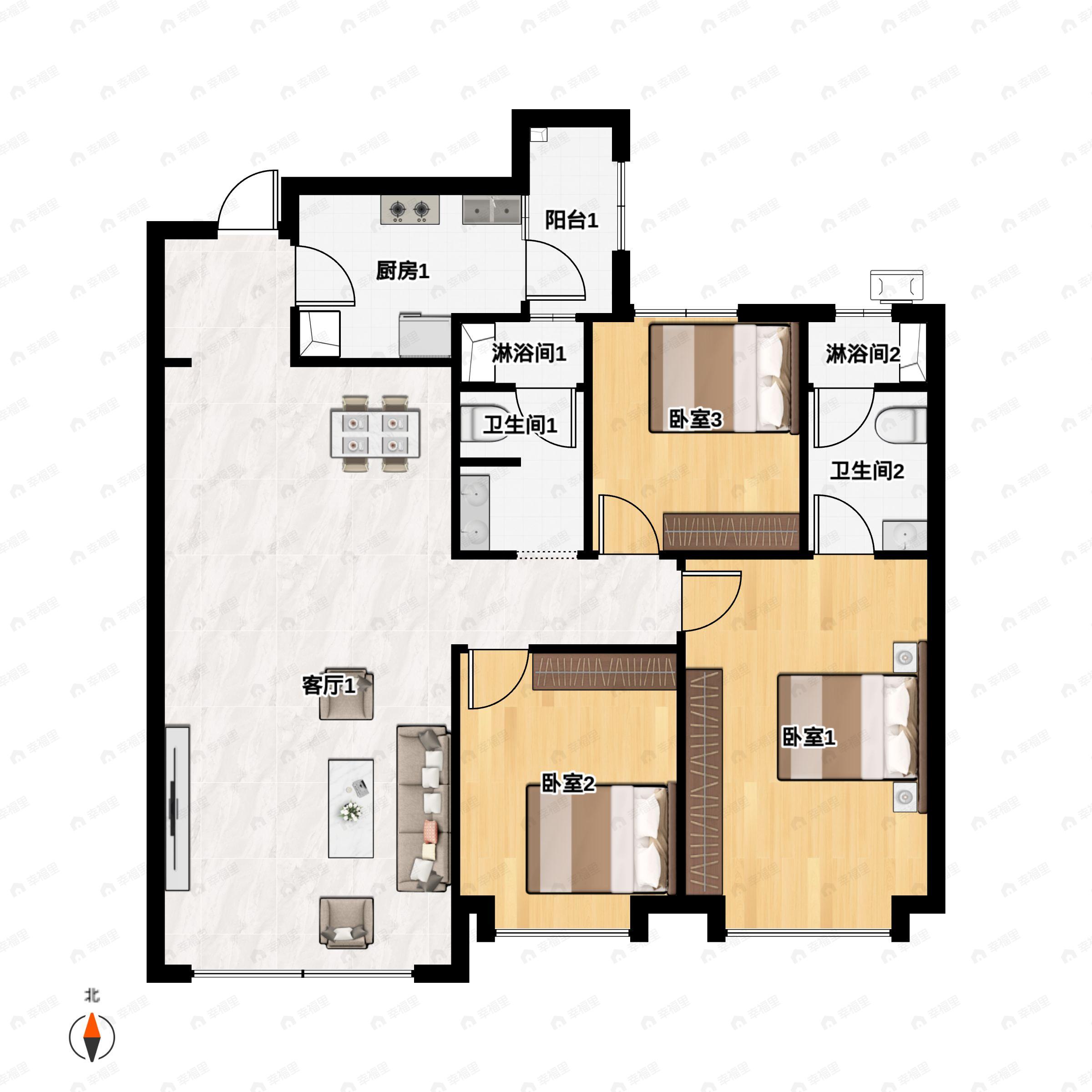 3室2厅2卫建面119m²南户型图