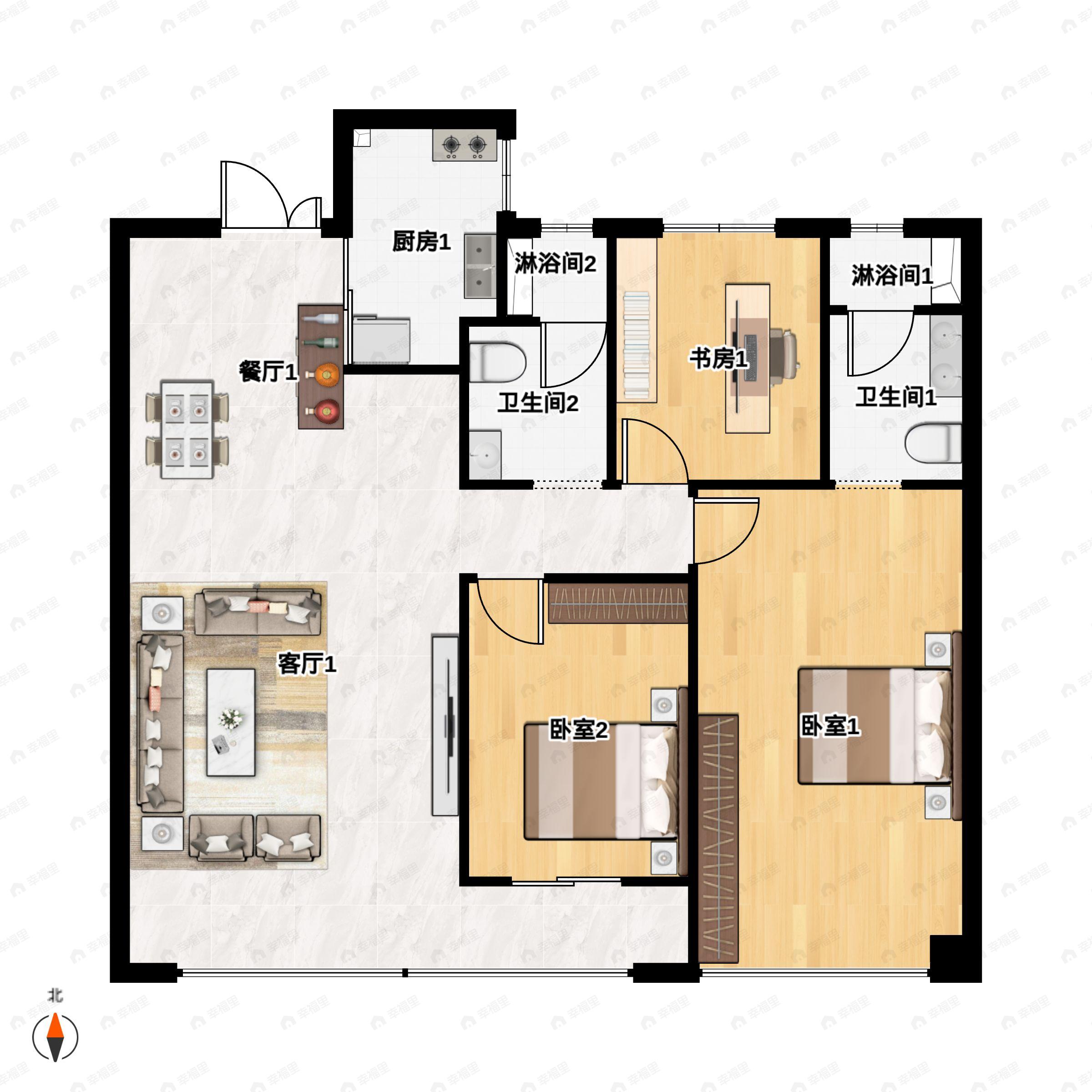 3室2厅2卫建面138m²南户型图