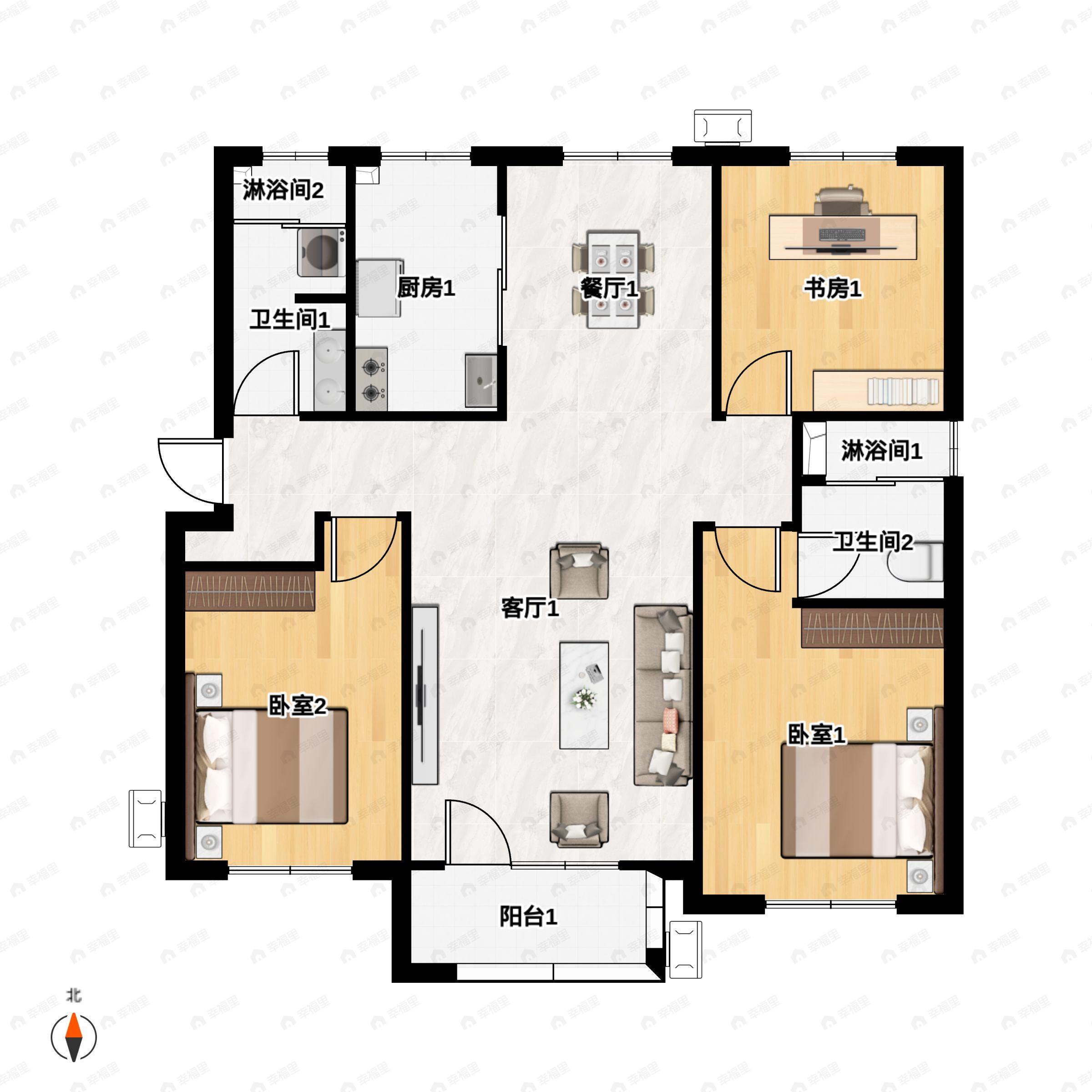 3室2厅2卫建面128平南户型图