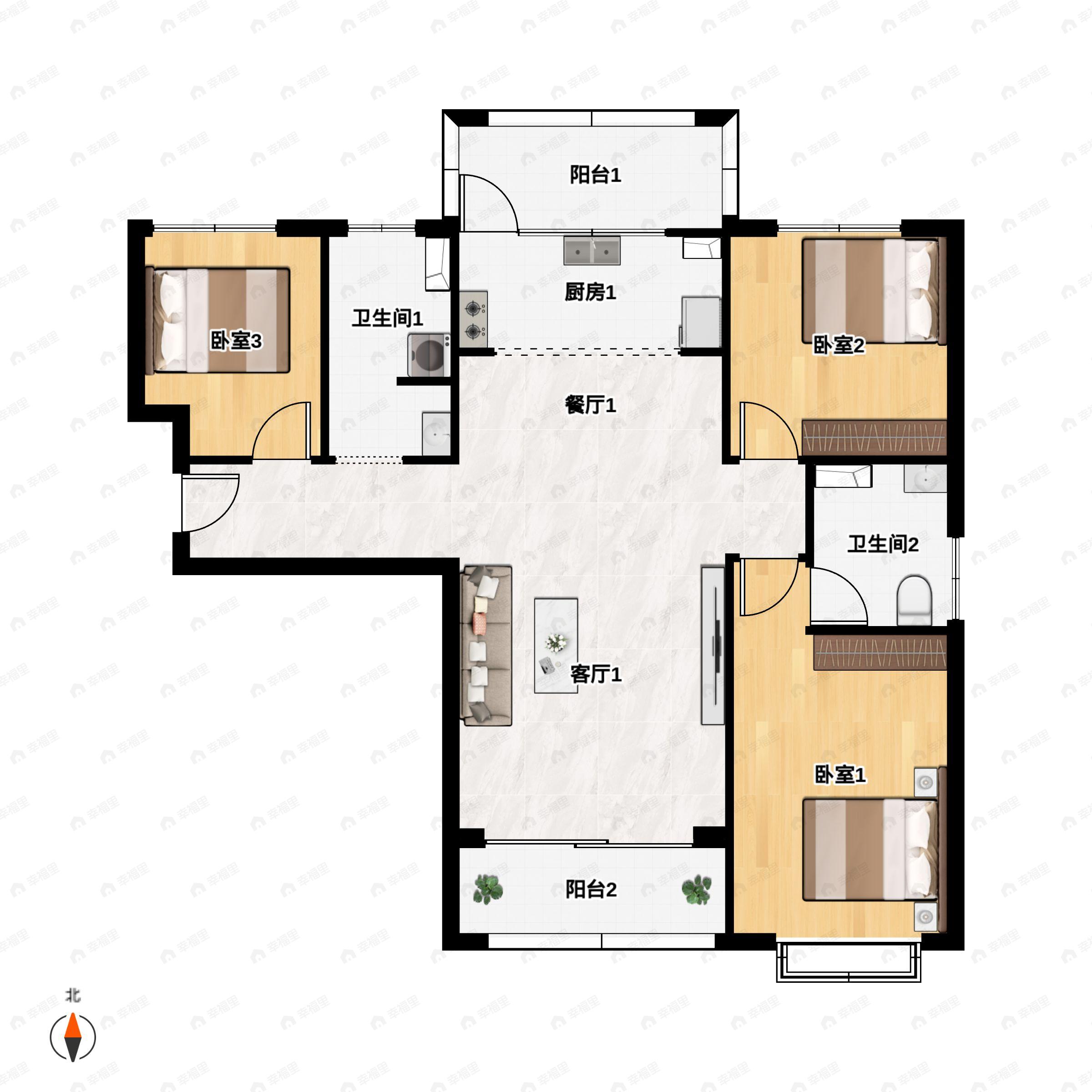 3室2厅2卫建面121平南|北户型图