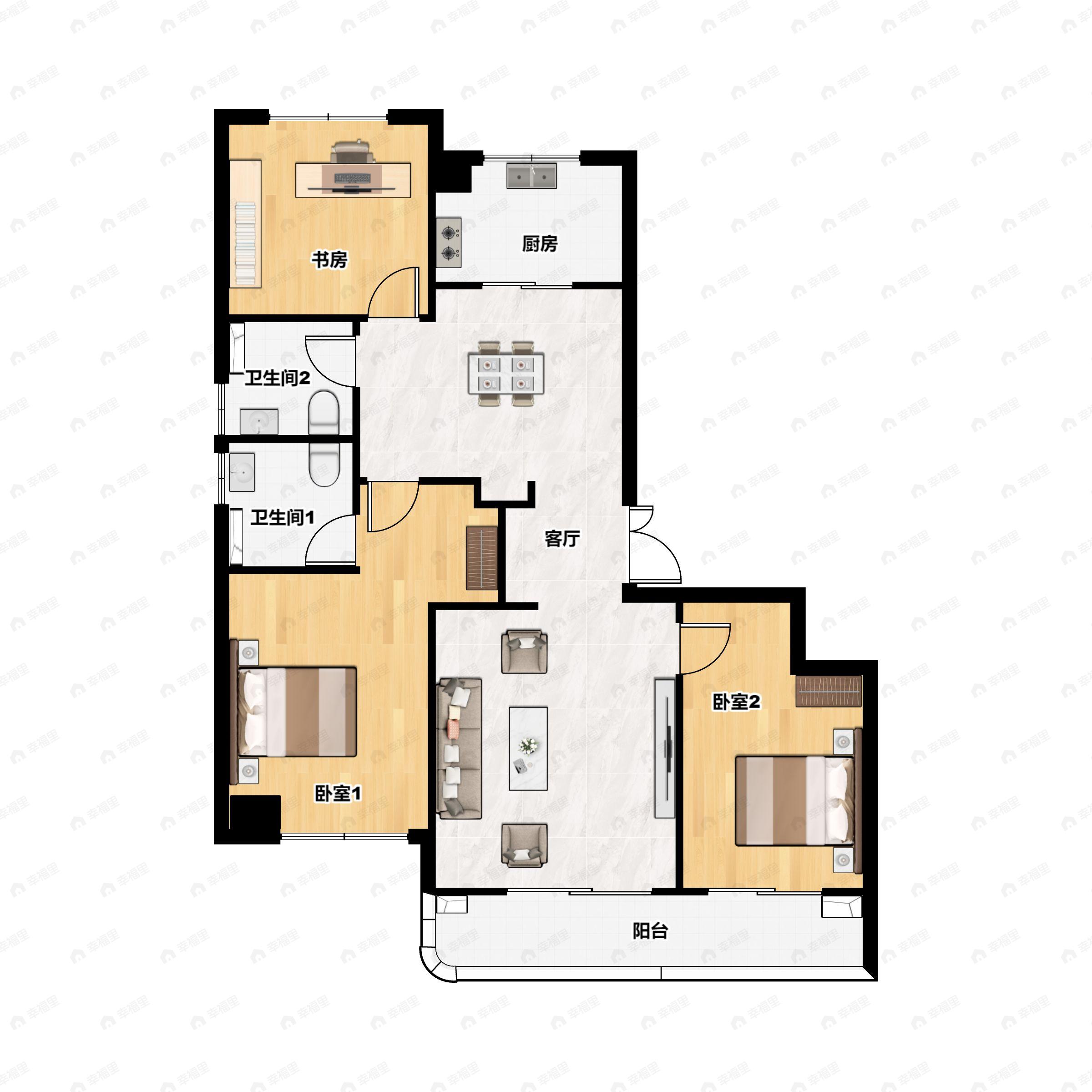 3室2厅2卫建面126m²北|南户型图