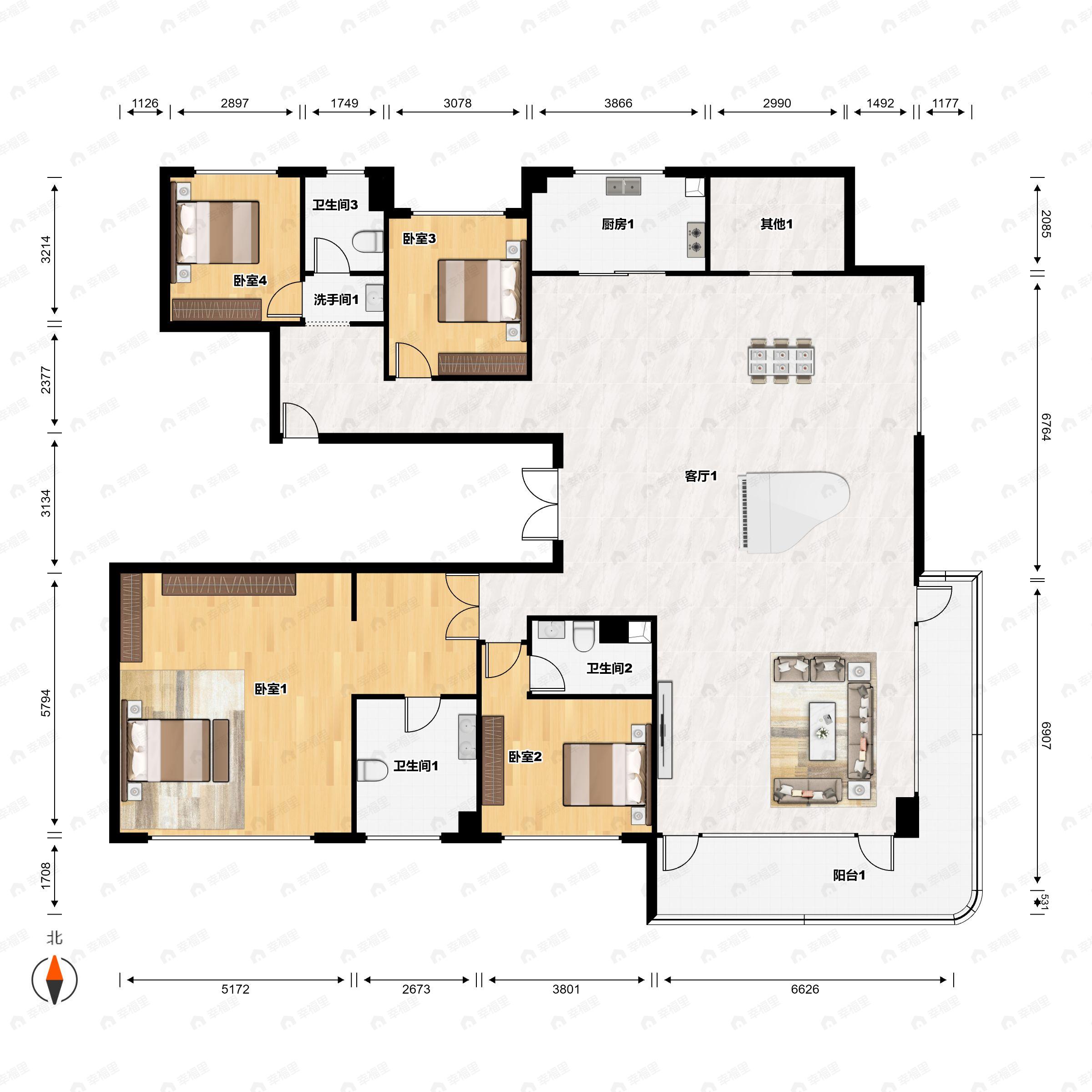 4室2厅3卫建面272m²南户型图