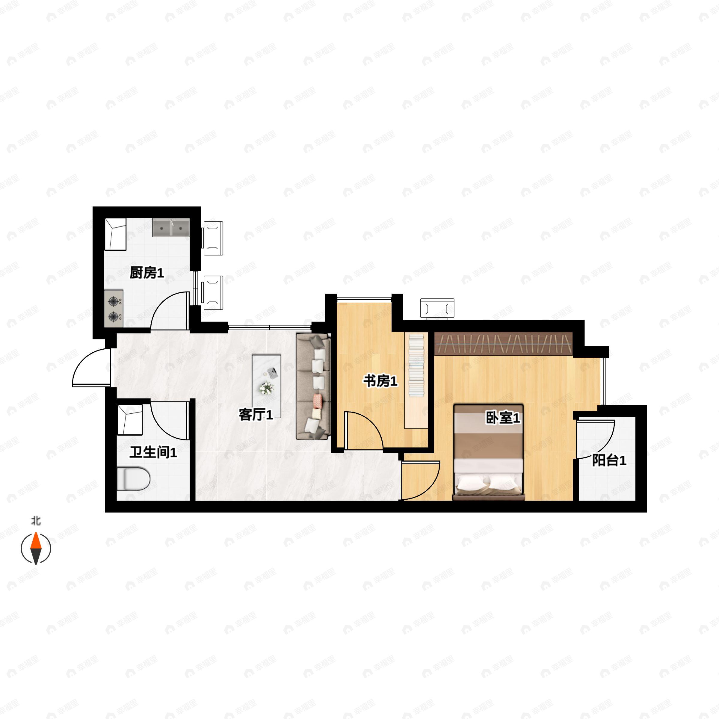 2室2厅1卫建面64m²东北户型图