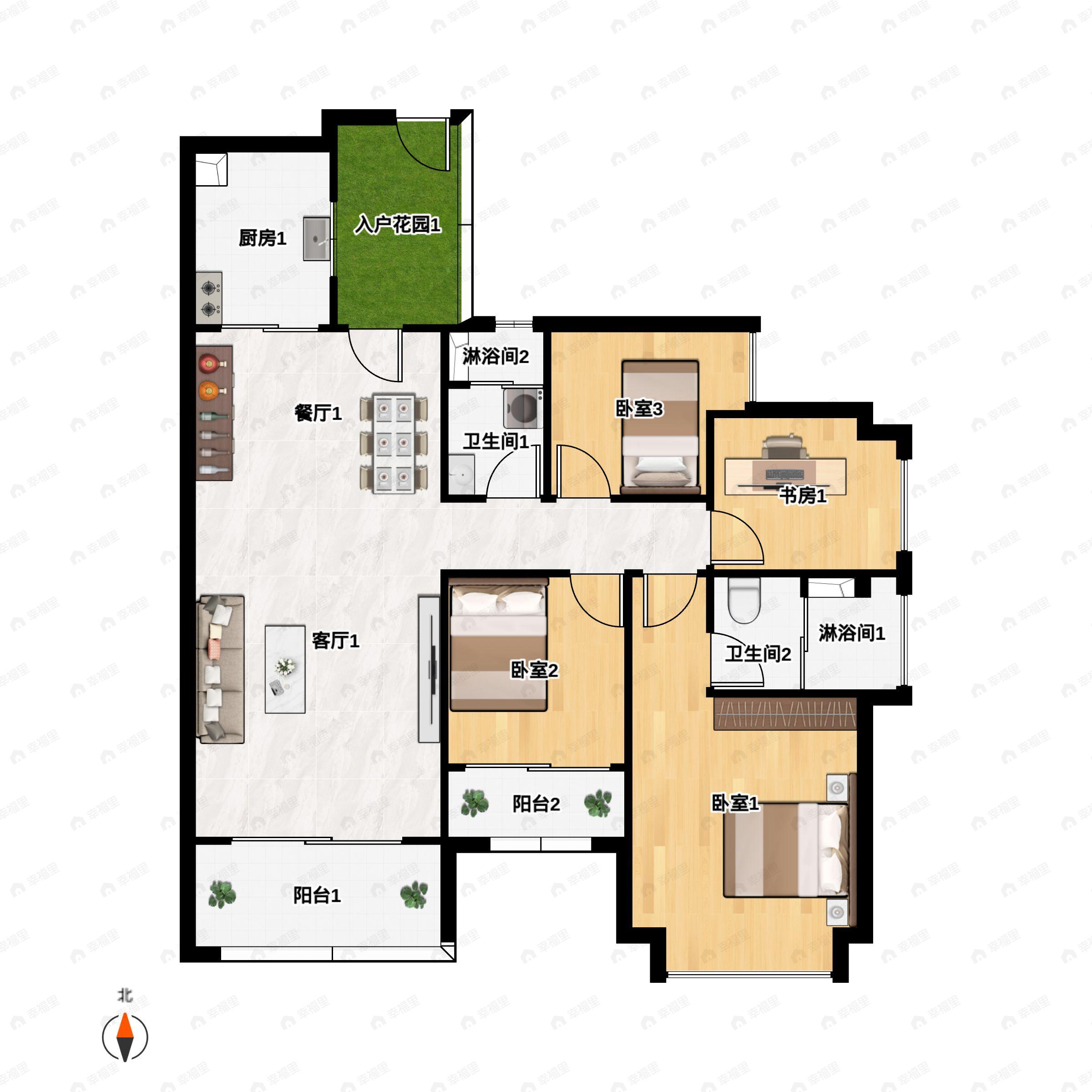 3室2厅2卫建面130平南户型图