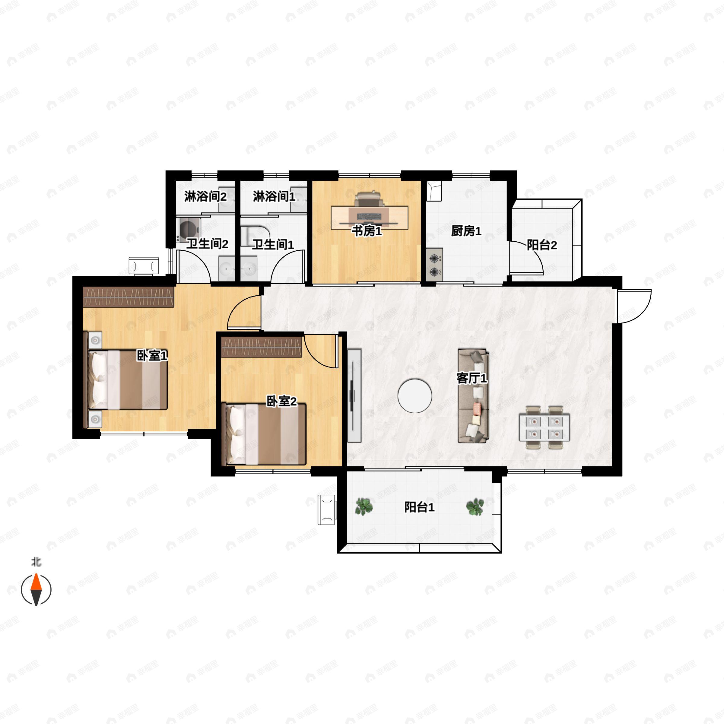3室2厅2卫建面89平户型图