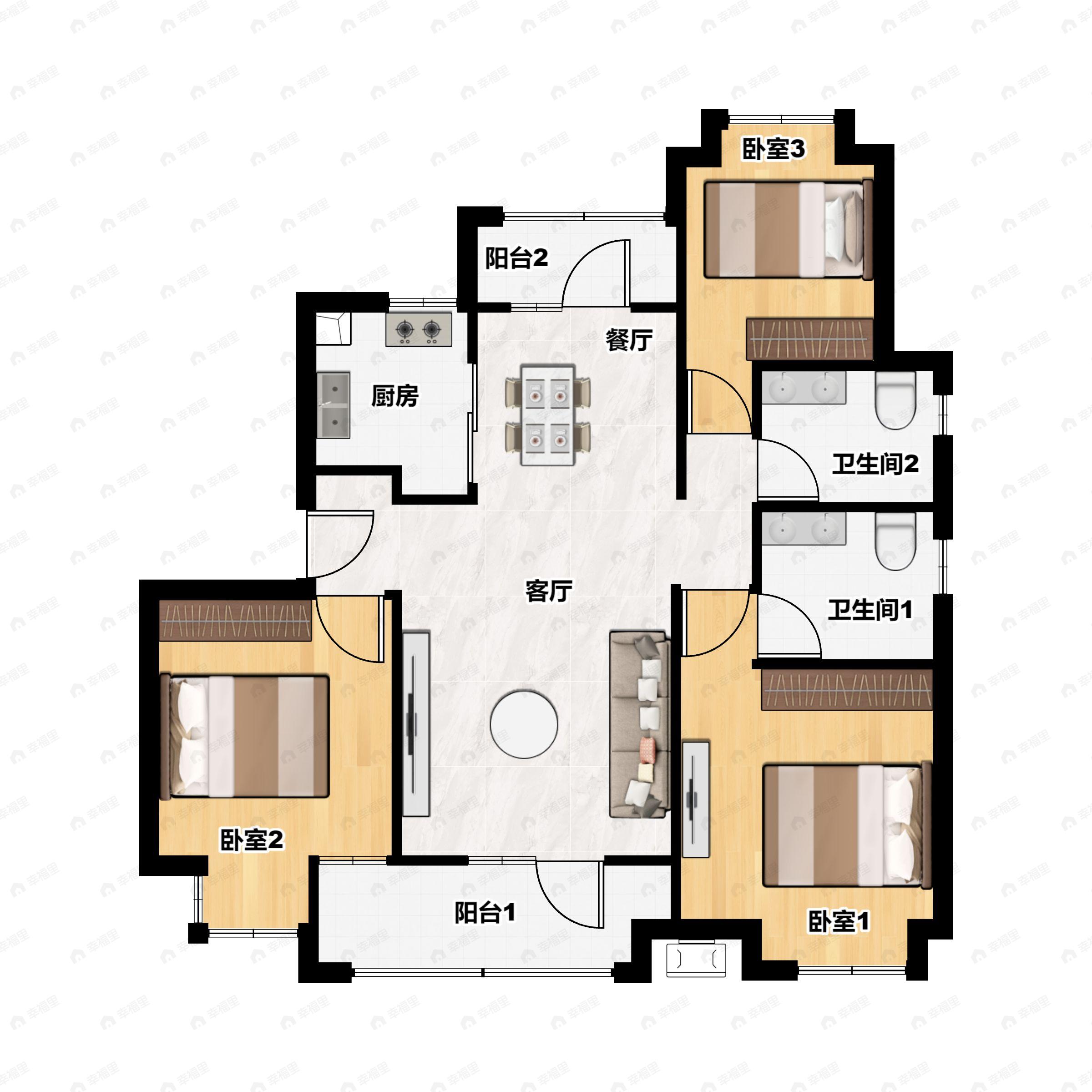 3室2厅2卫建面113平南户型图