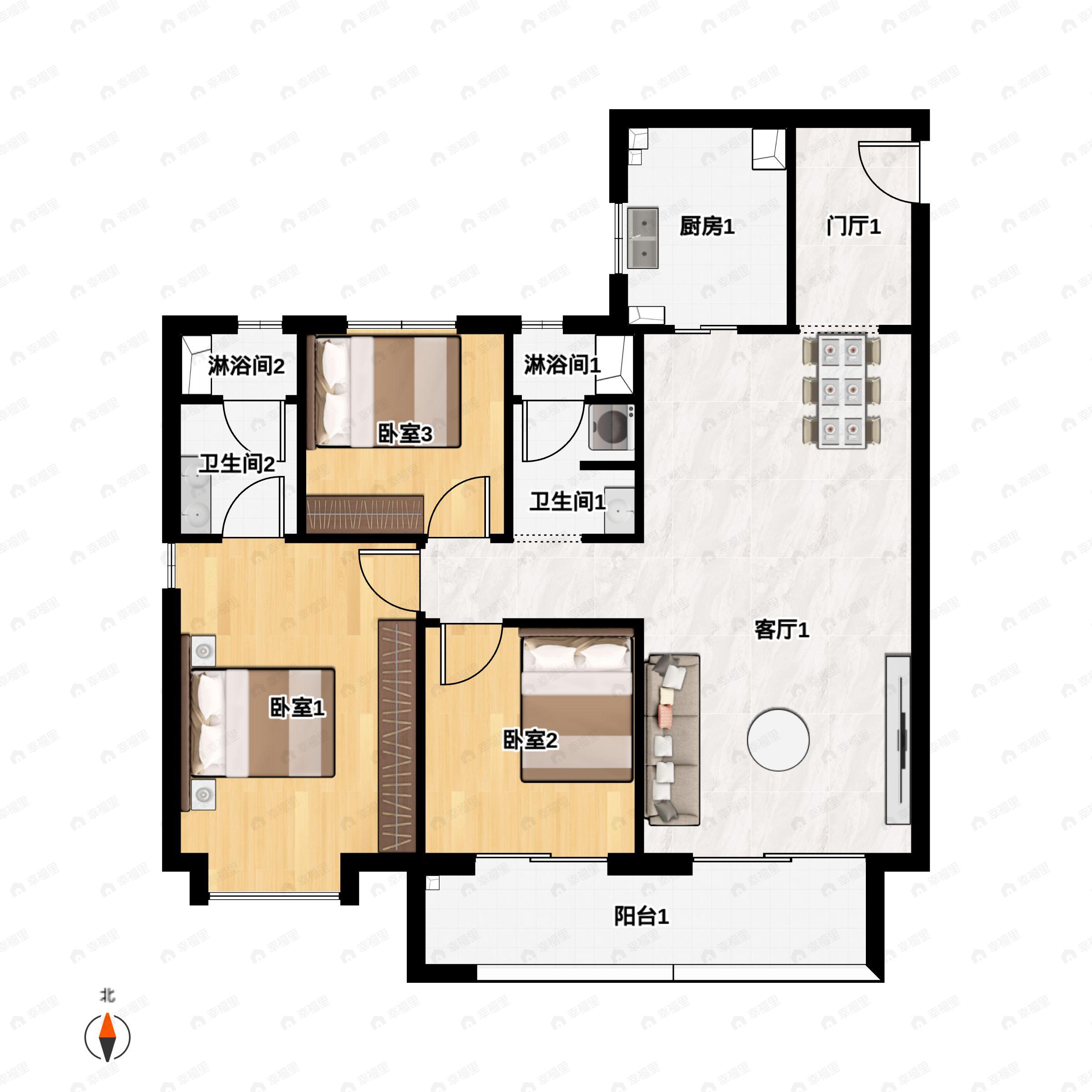 3室2厅2卫建面116m²南户型图