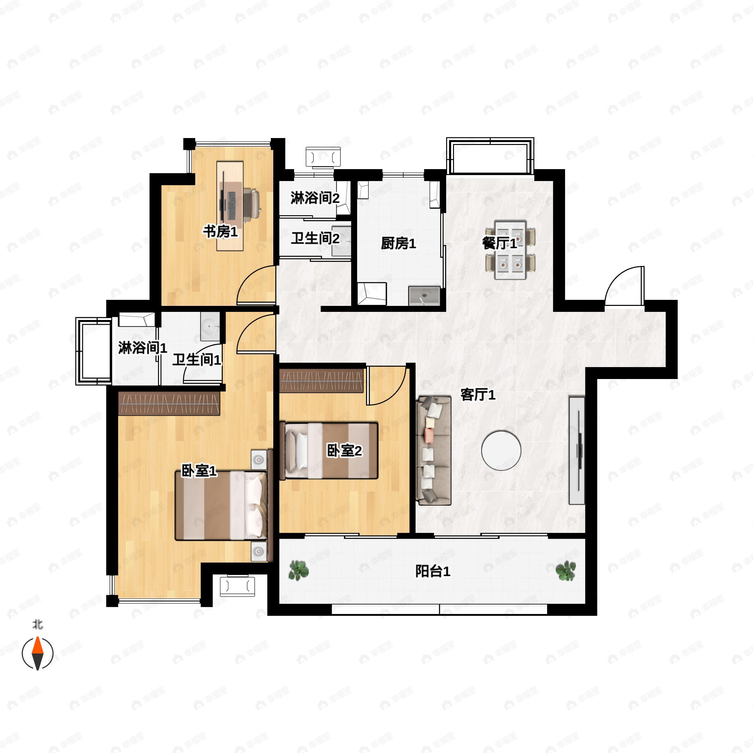 3室2厅2卫建面108平户型图