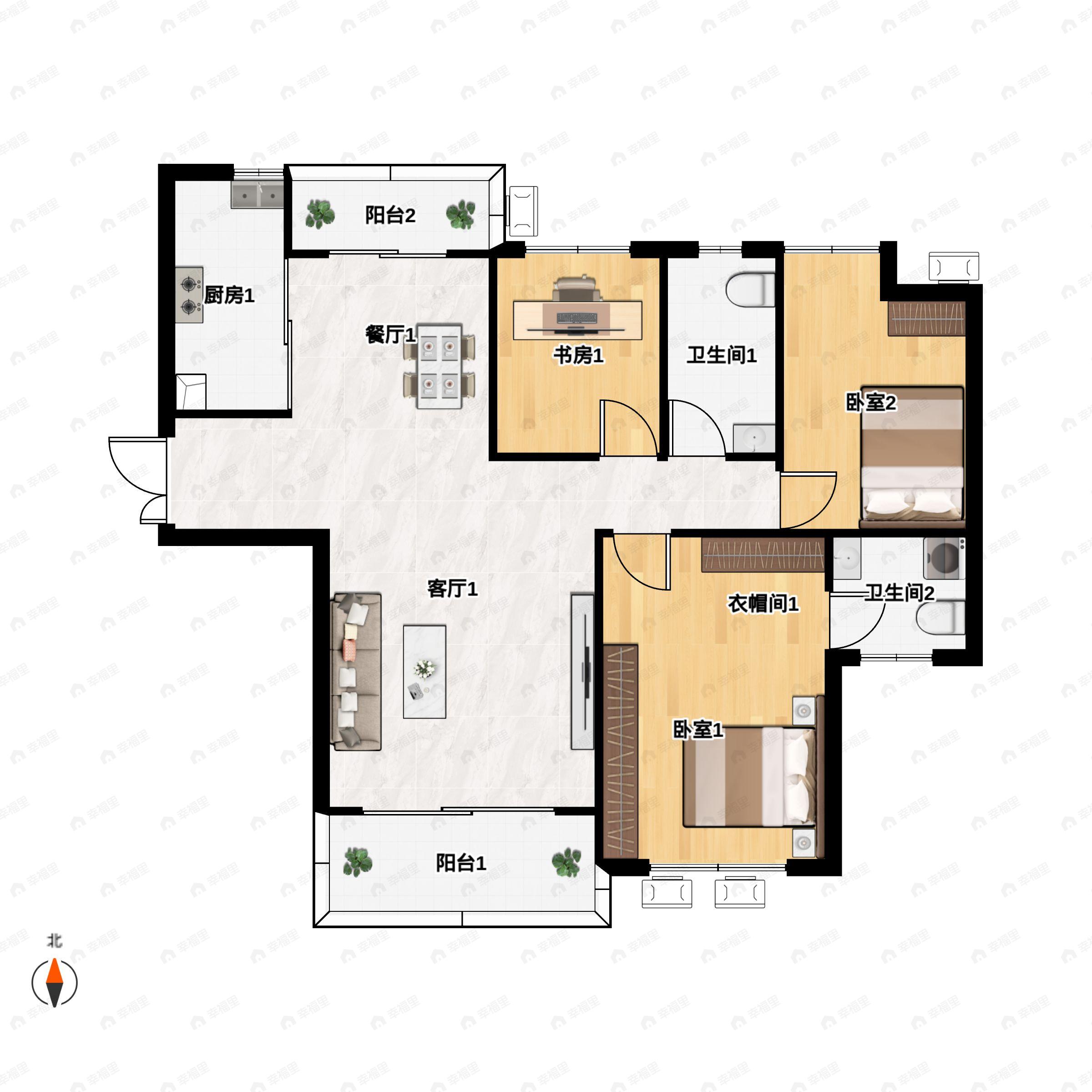 3室2厅2卫建面127m²南户型图