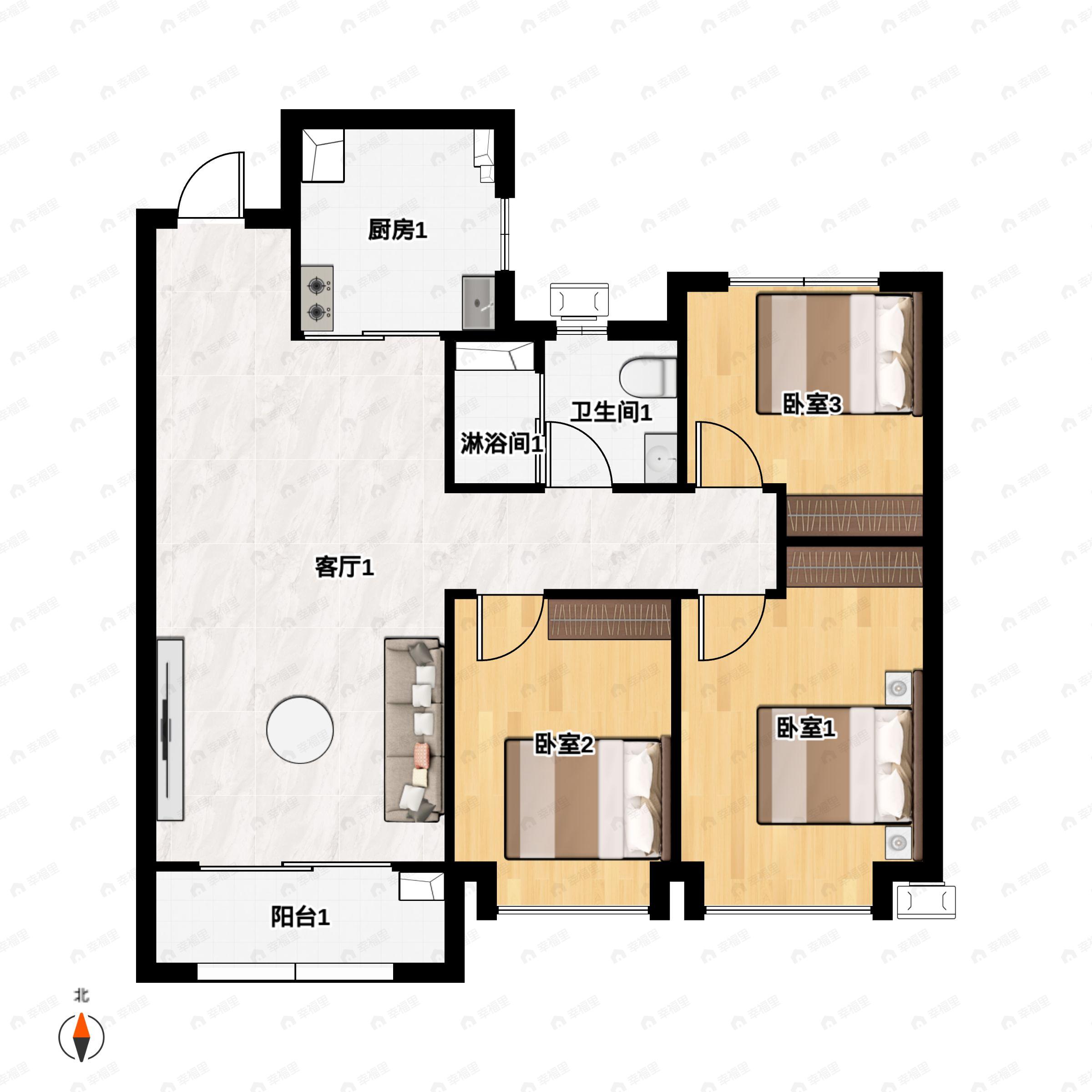 3室2厅1卫建面97平南|北户型图