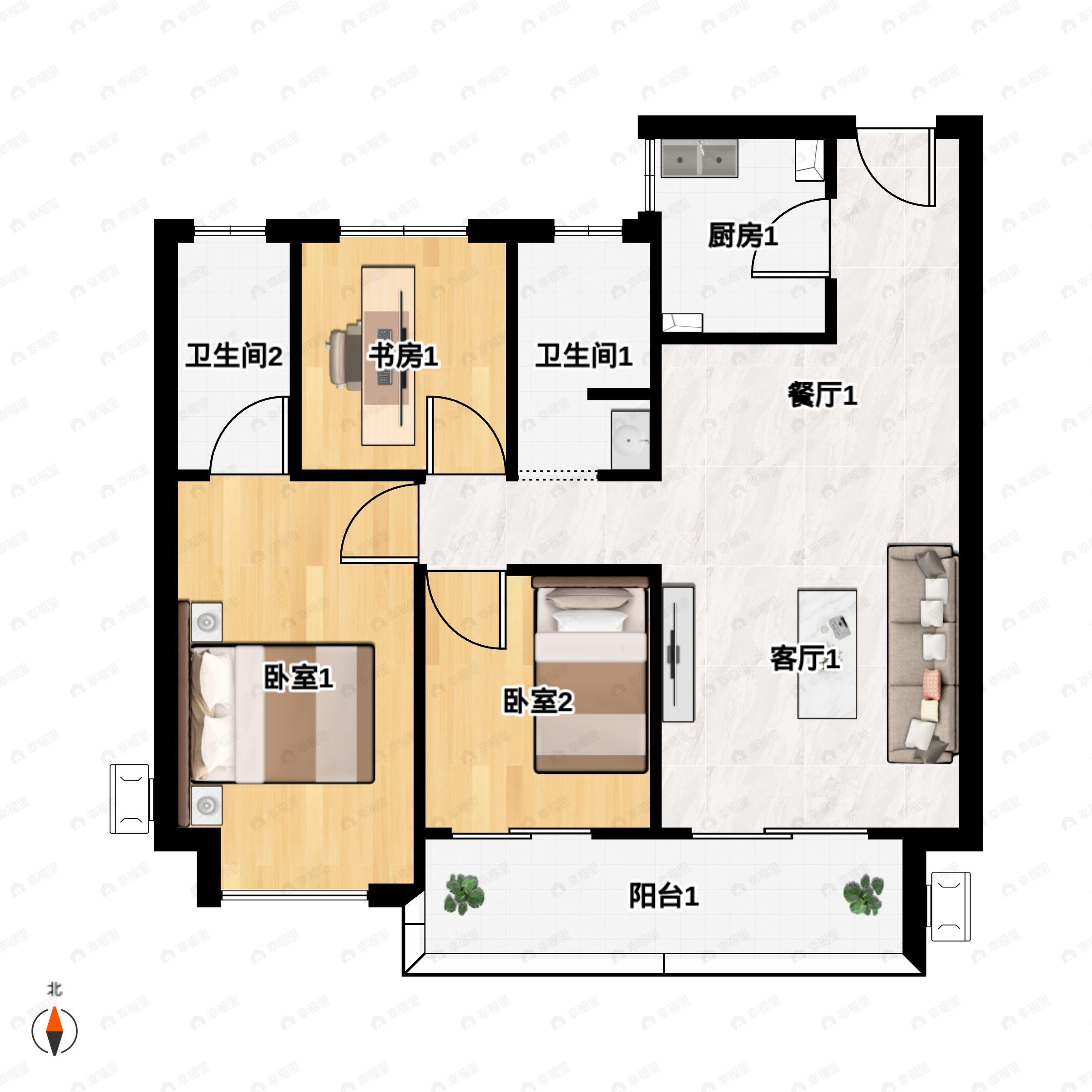 3室2厅2卫建面103平户型图
