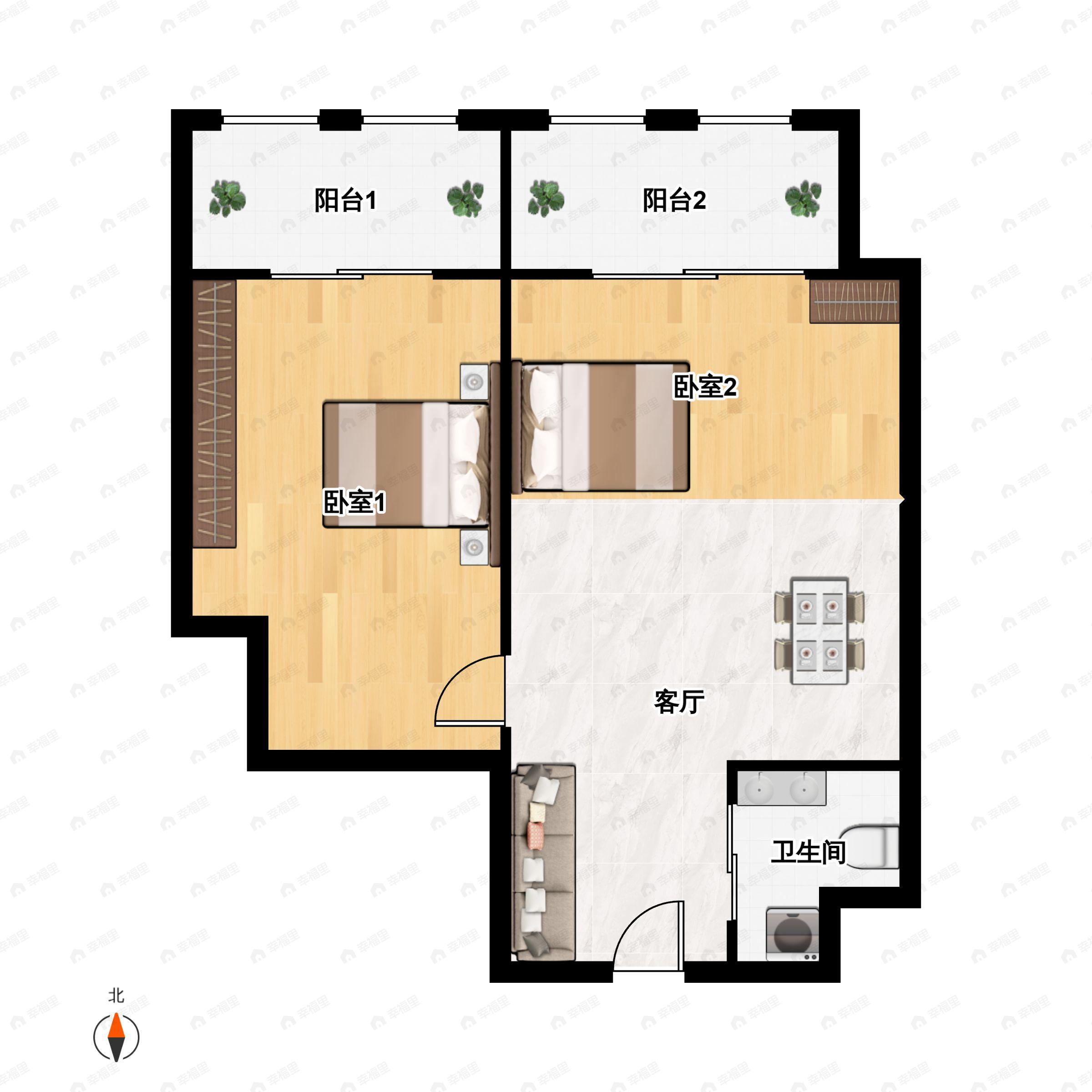 2室1厅1卫建面75平户型图