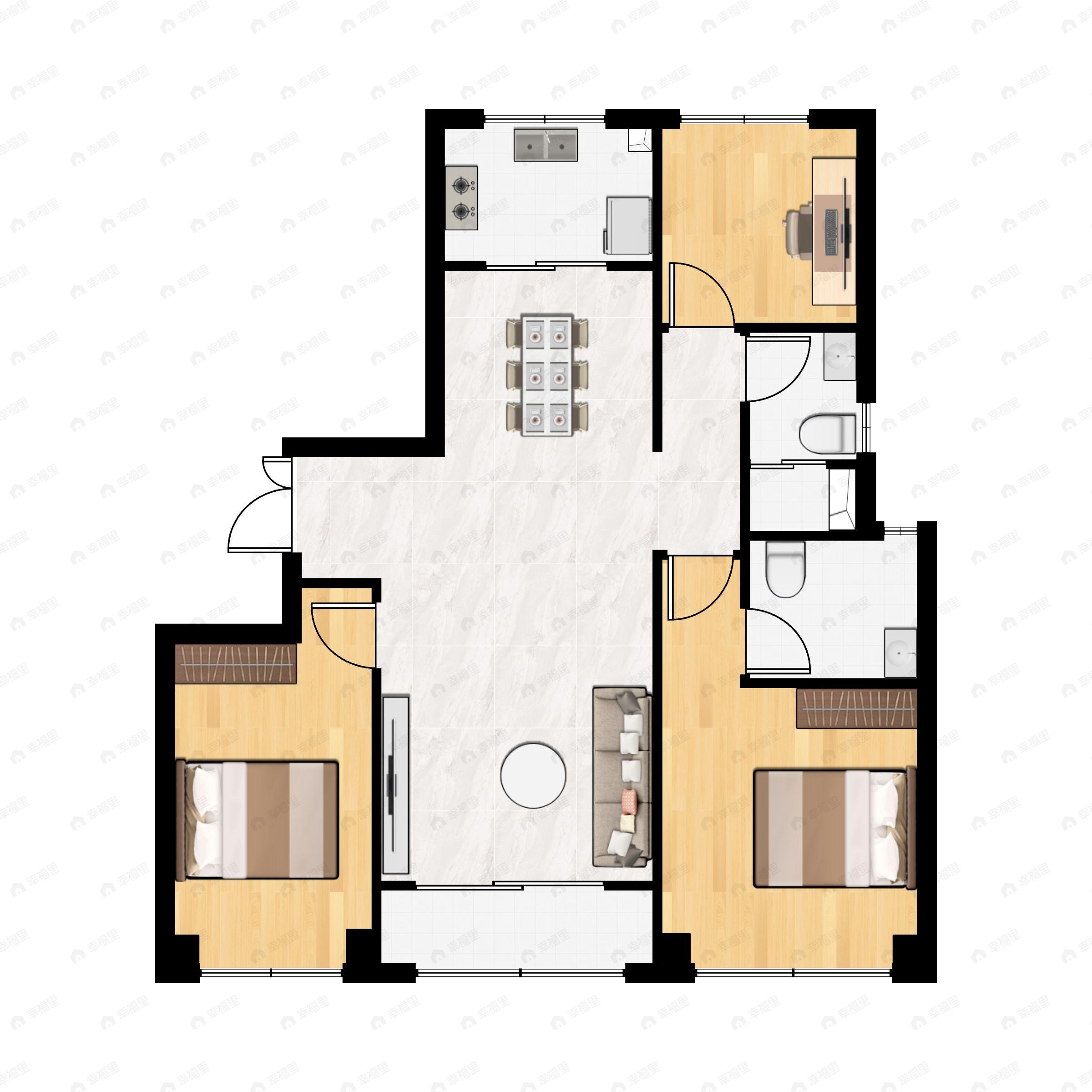 3室2厅2卫建面129m²南|北户型图