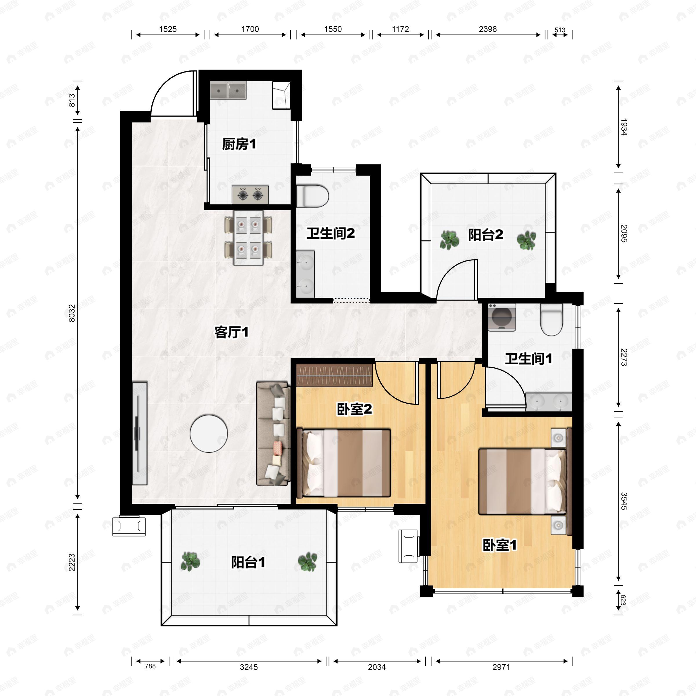 3室2厅2卫建面80平户型图