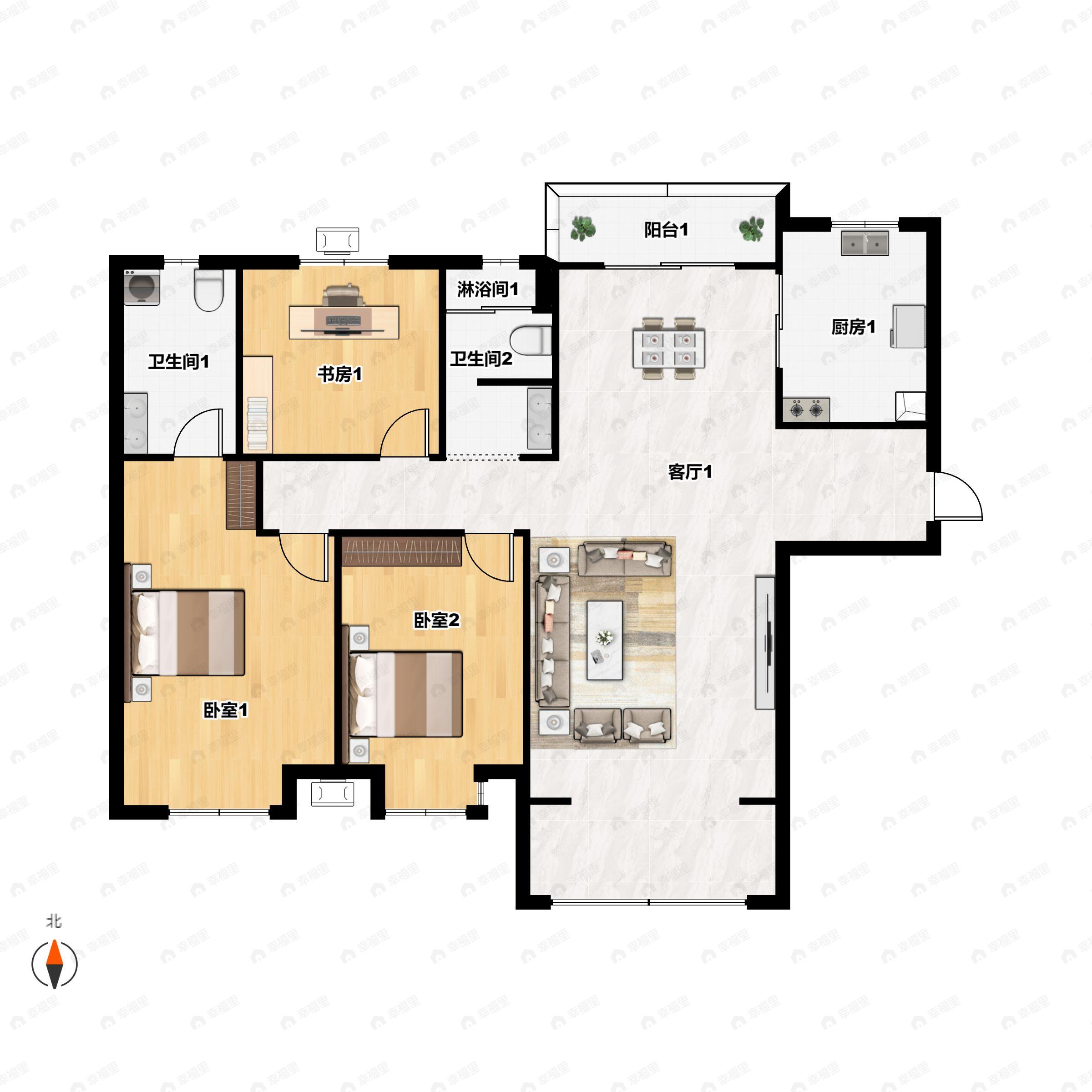 3室2厅2卫建面145m²南户型图