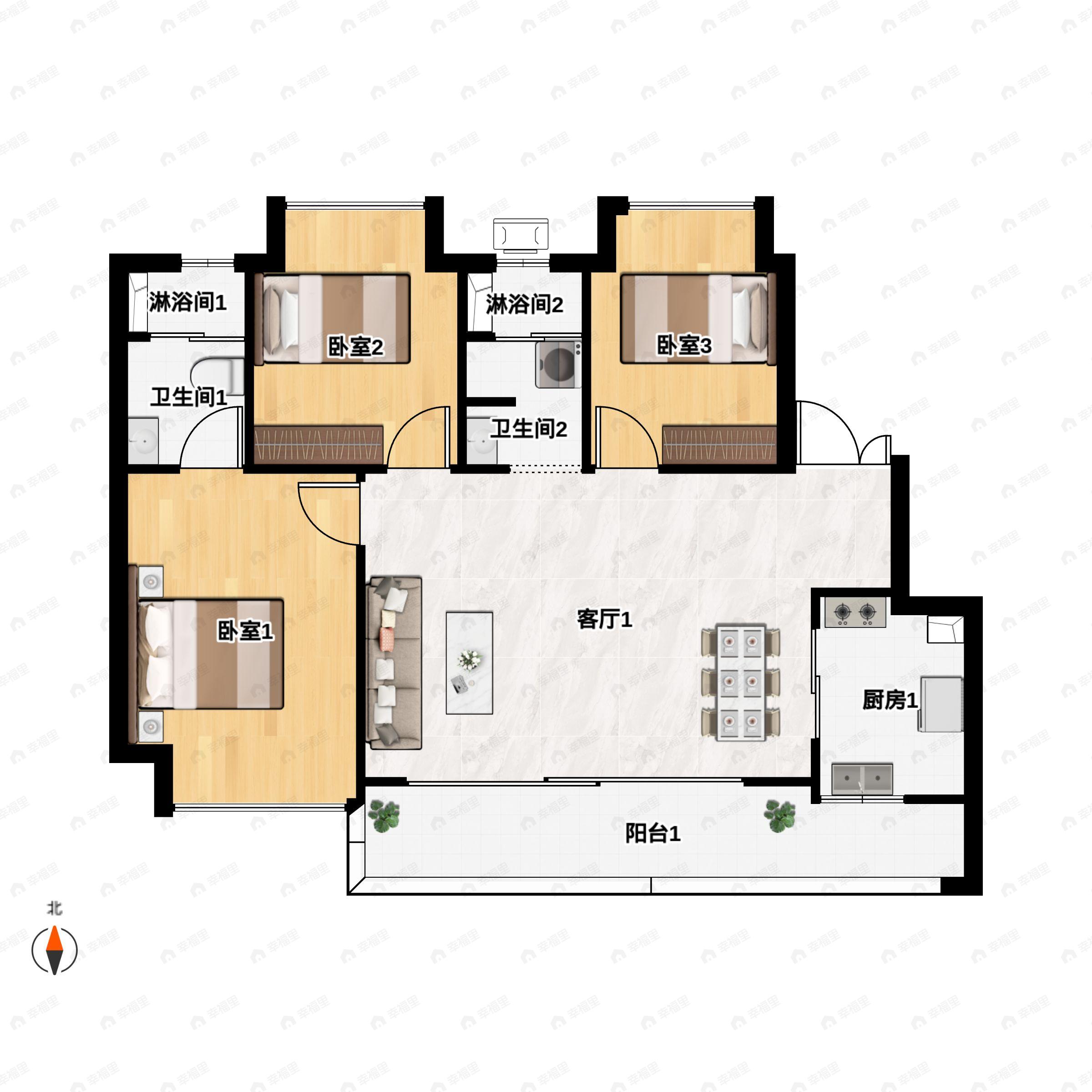 3室2厅2卫建面102m²南户型图