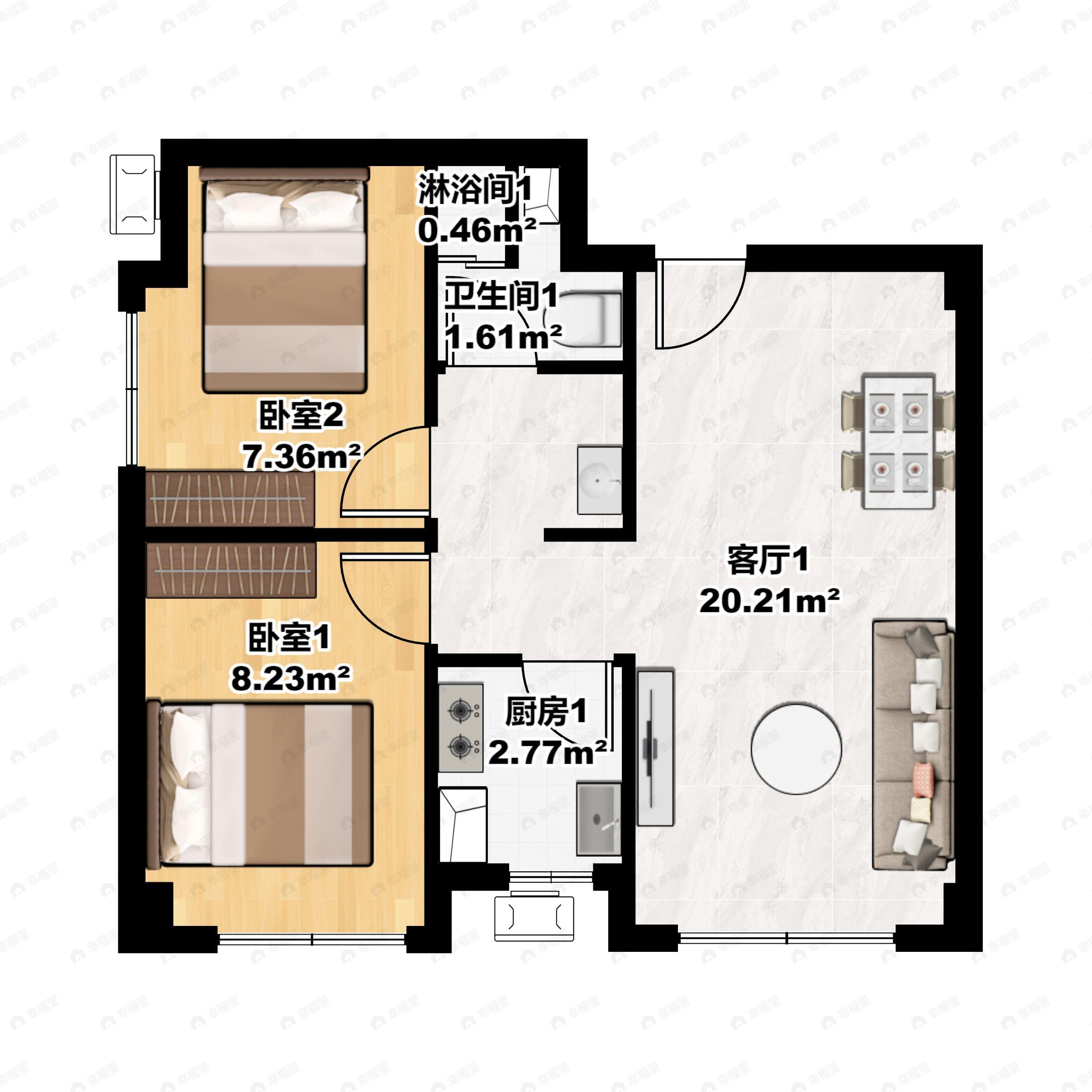2室1厅1卫建面78平户型图