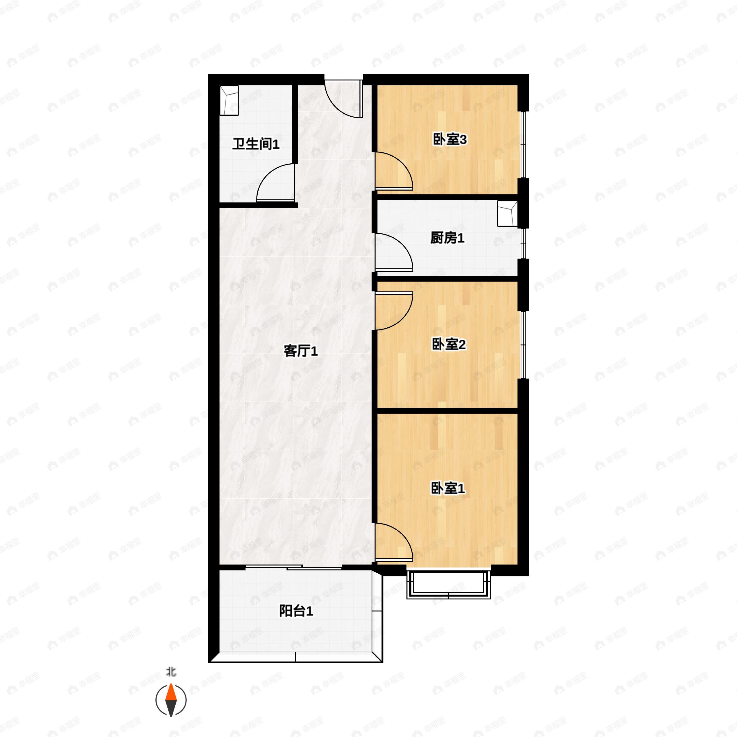 3室2厅1卫建面96平南|东南|西南户型图