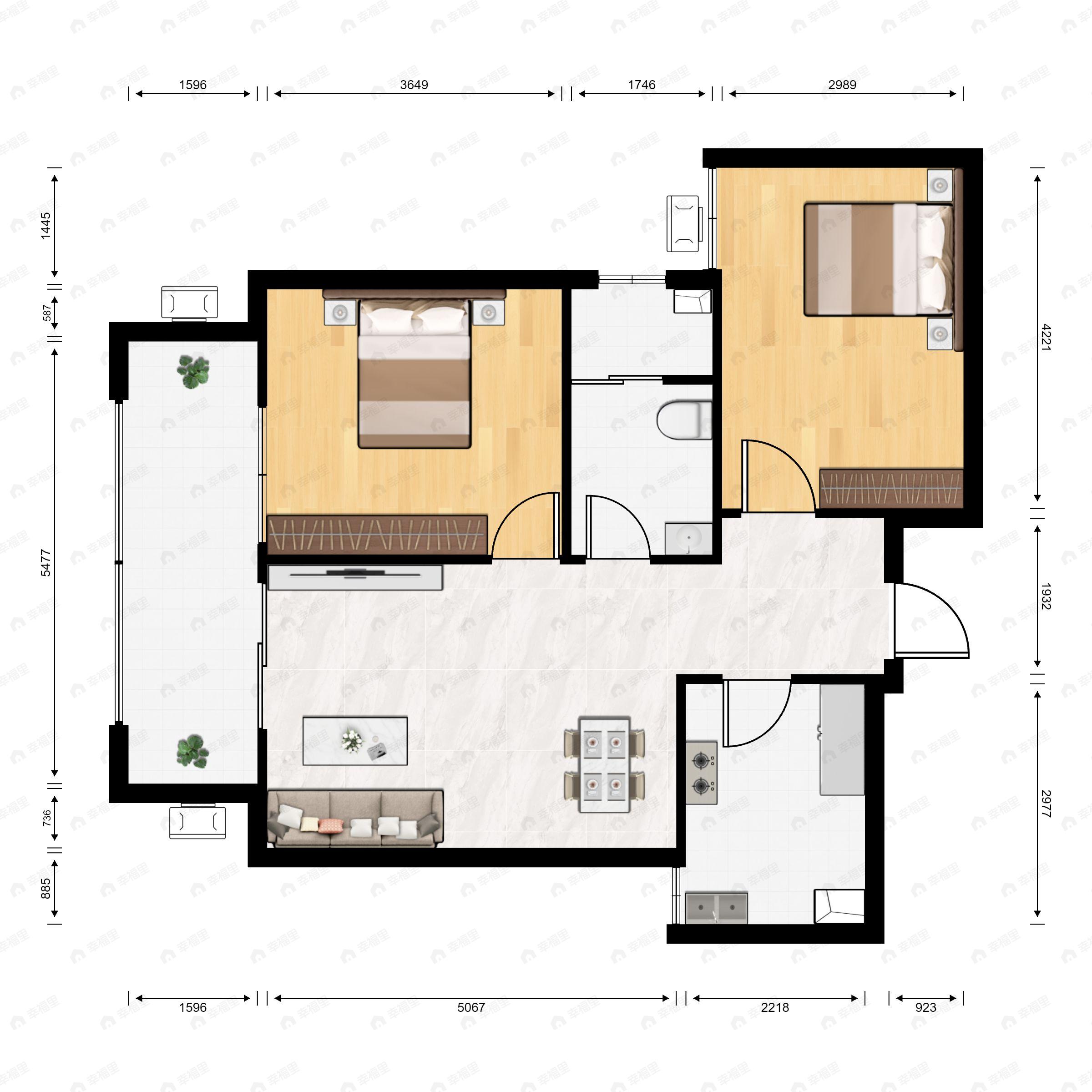 2室2厅1卫建面96m²南|北户型图