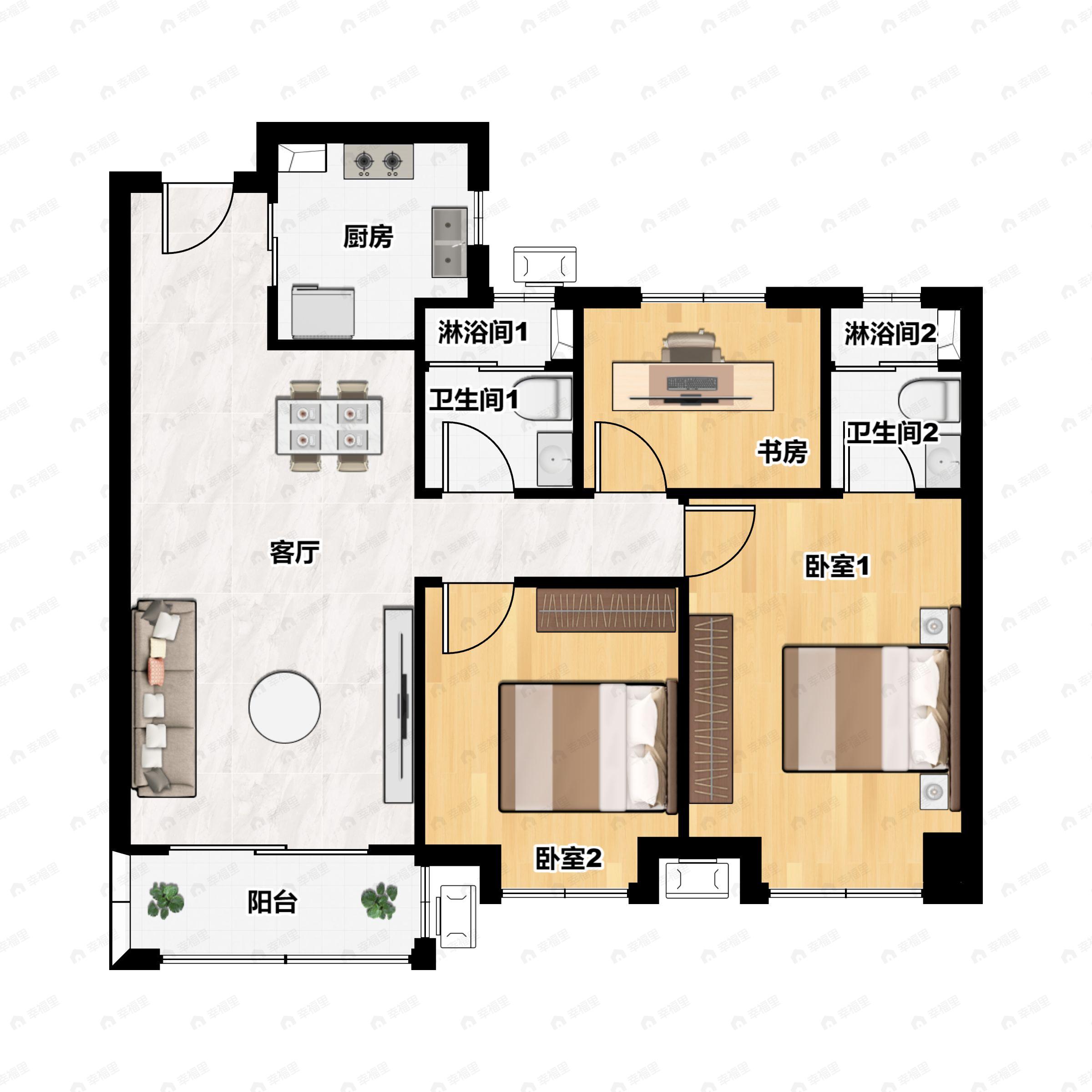 3室2厅2卫建面105平户型图