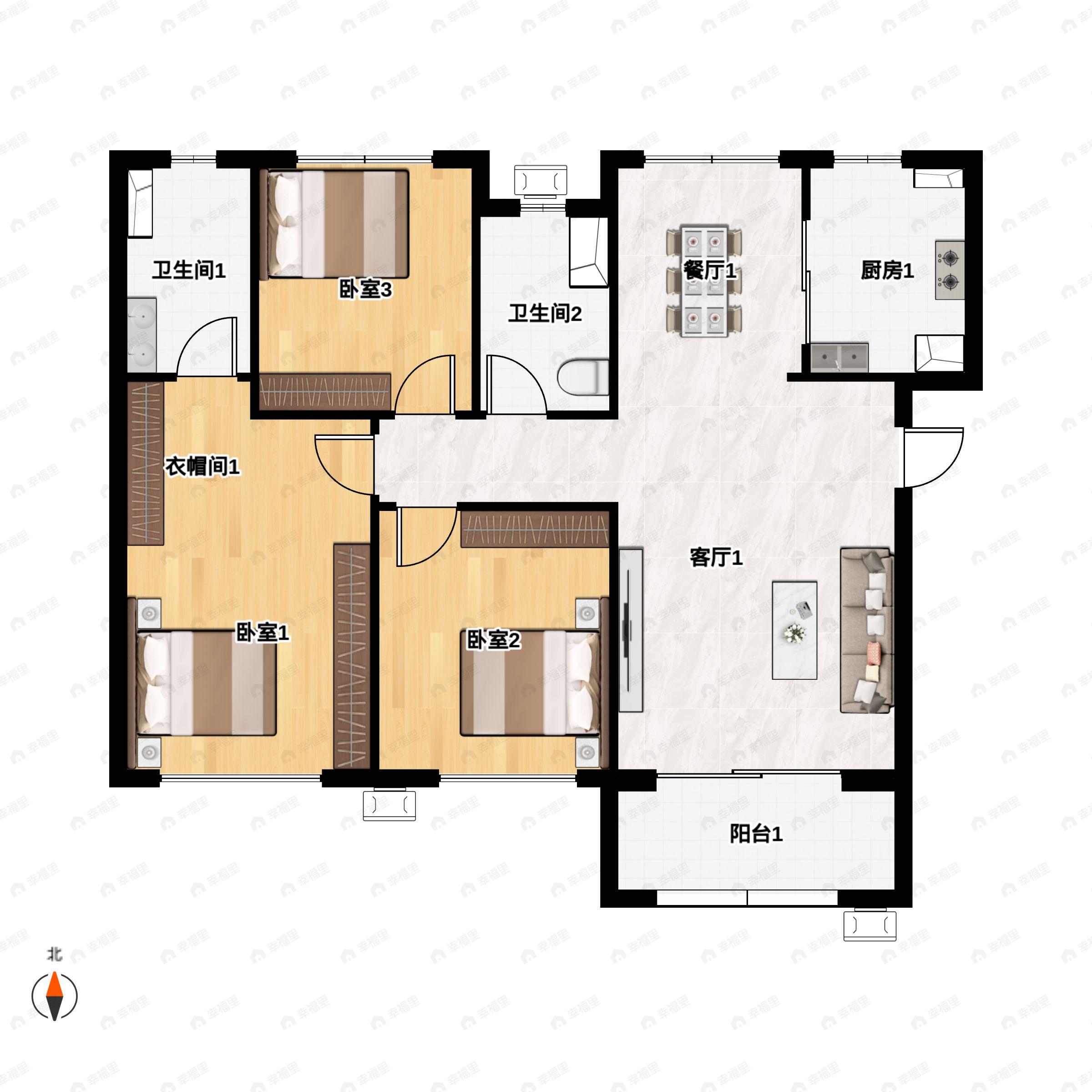 3室2厅2卫建面119m²南户型图