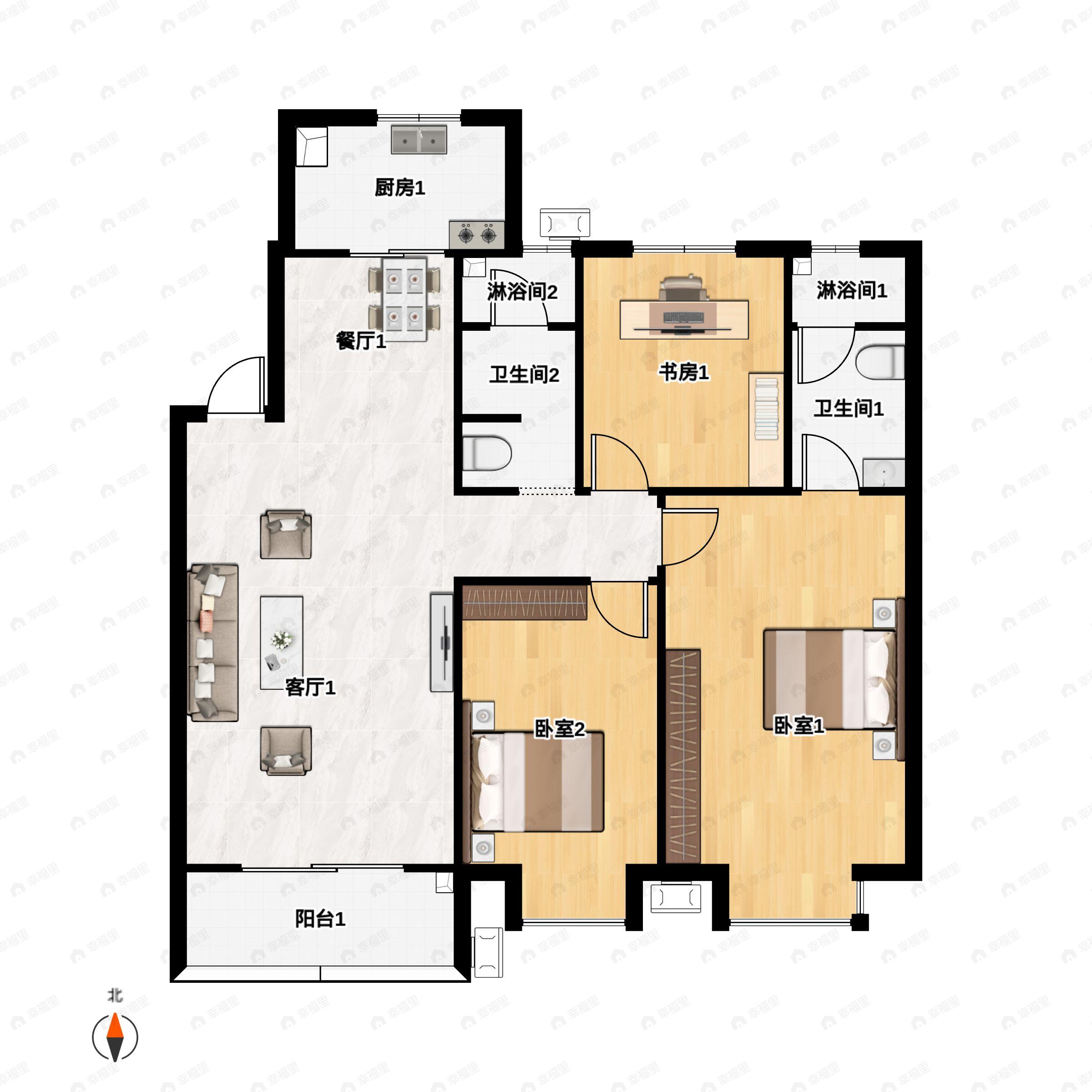 3室2厅2卫建面137m²南户型图