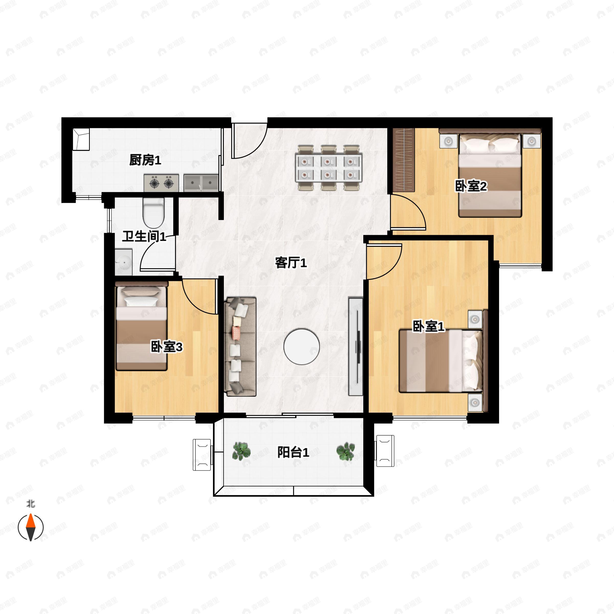 2室2厅1卫建面80平户型图