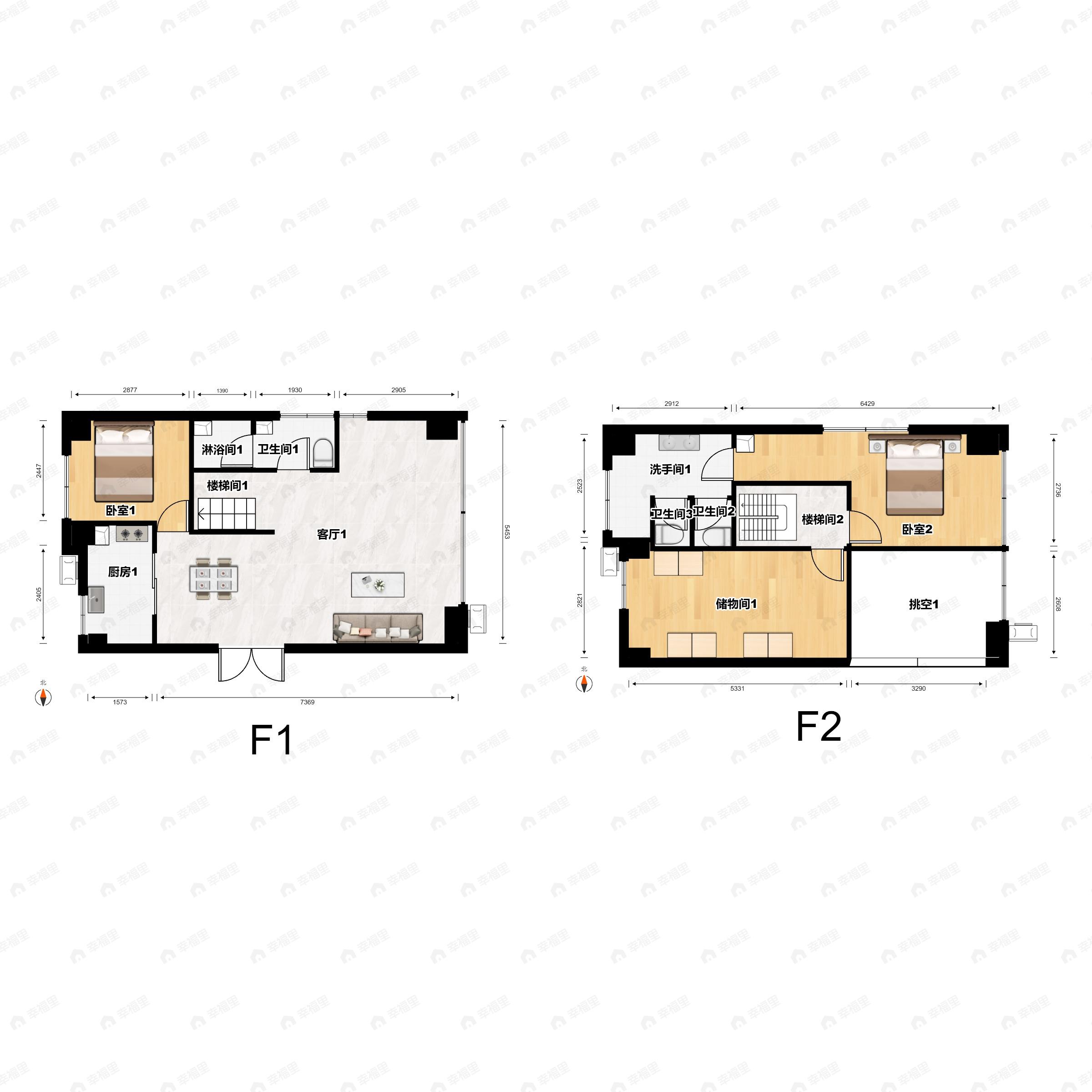 3室1厅2卫建面102平北|南户型图