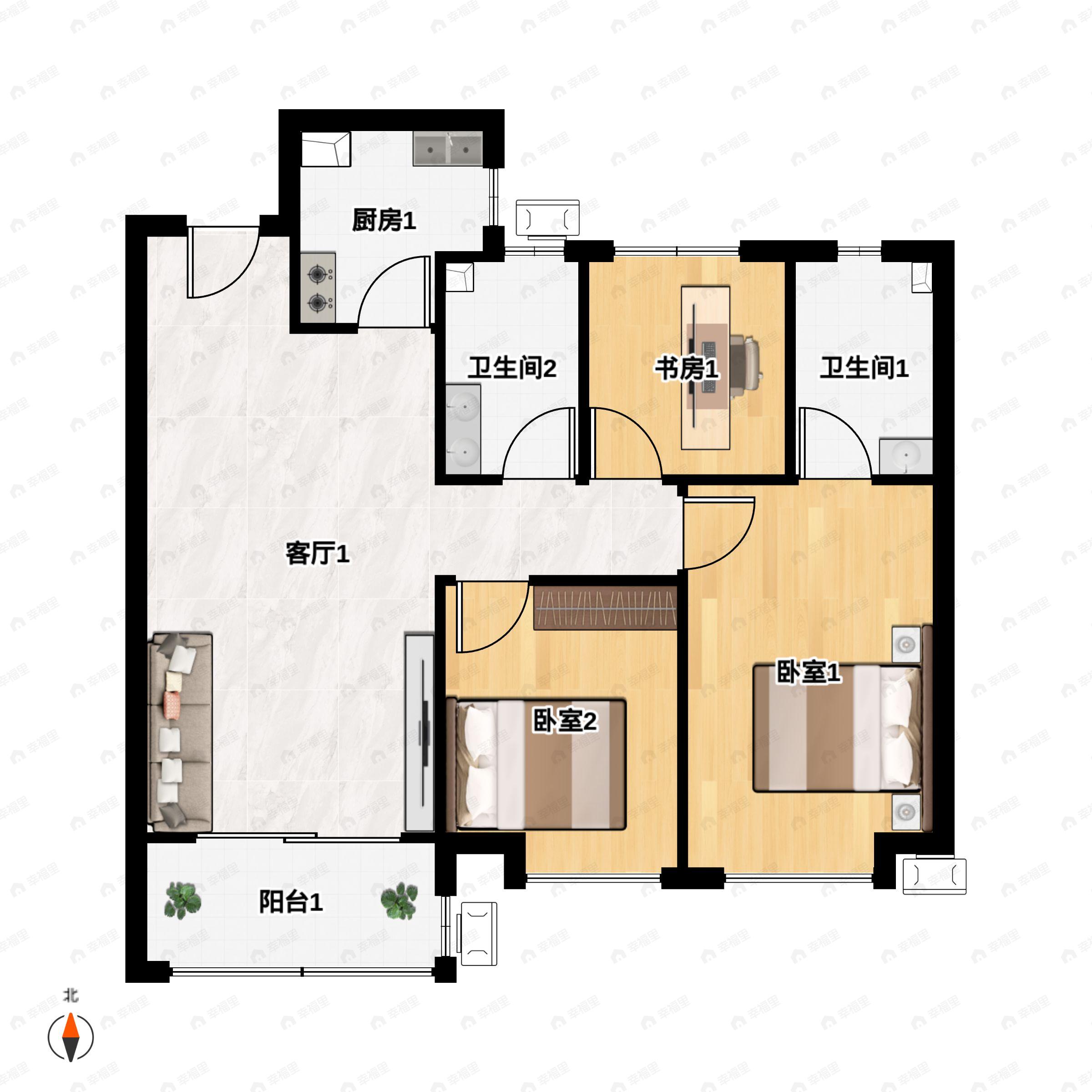 3室2厅2卫建面100m²北|南户型图