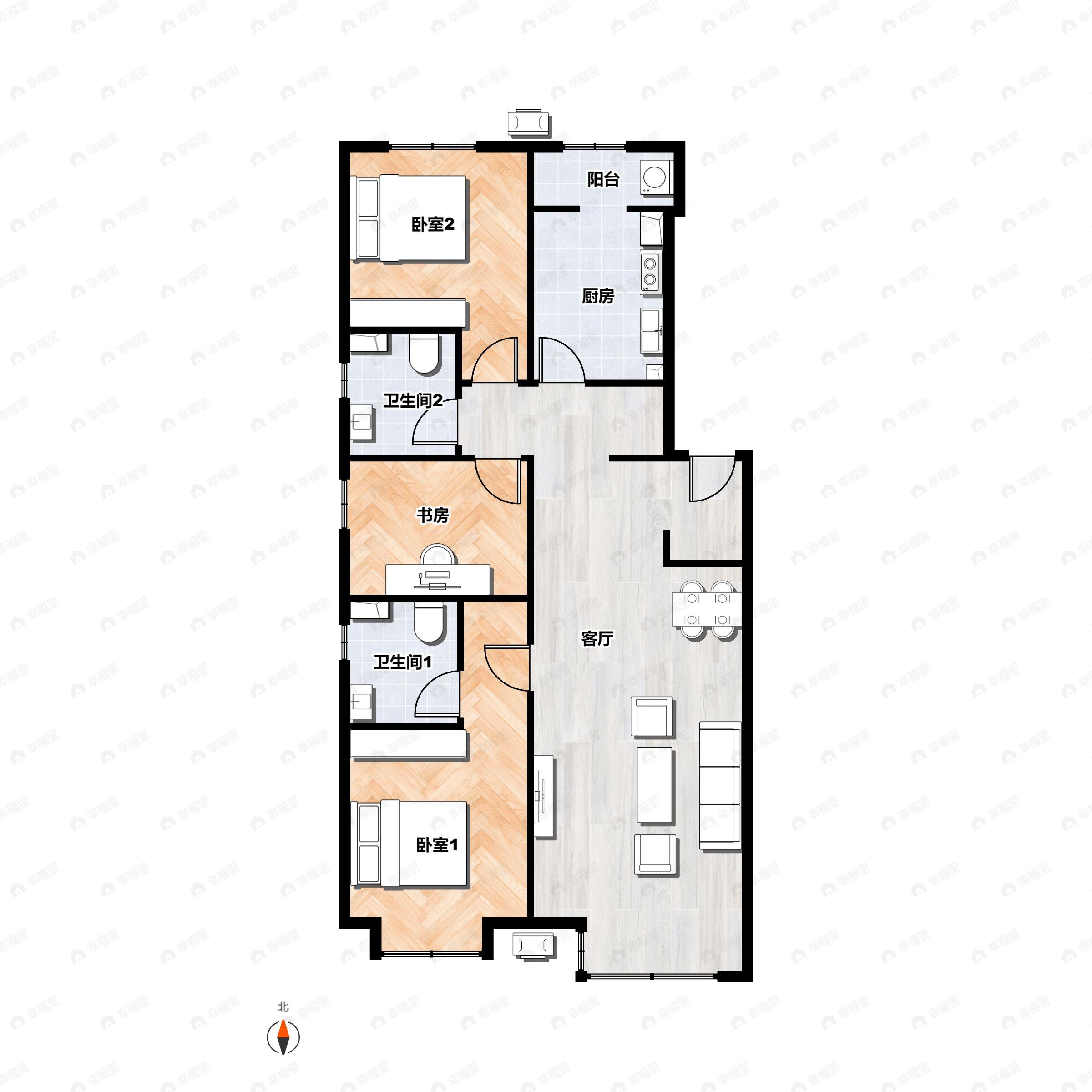 3室2厅2卫建面125平南|北户型图