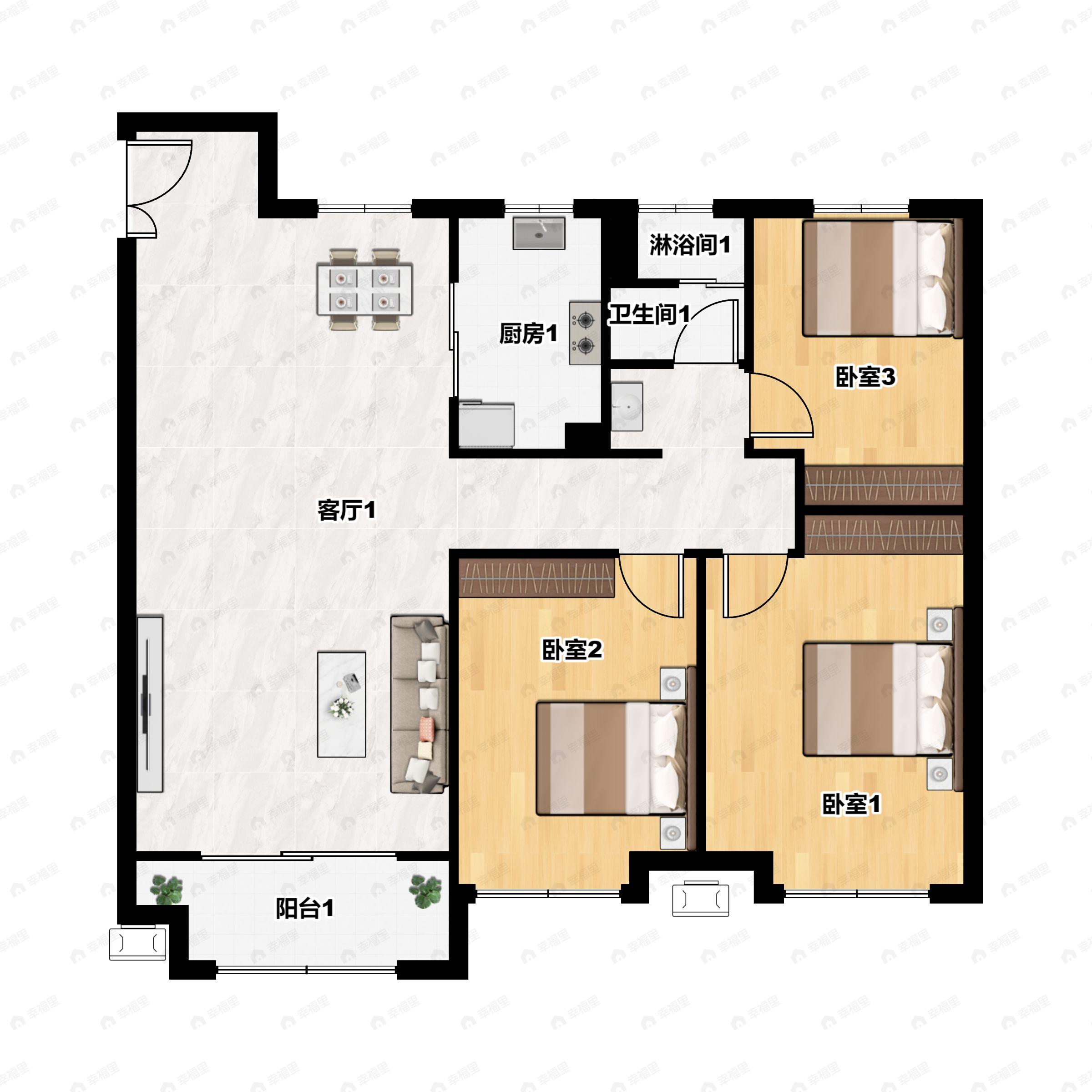 3室2厅1卫建面113平南户型图