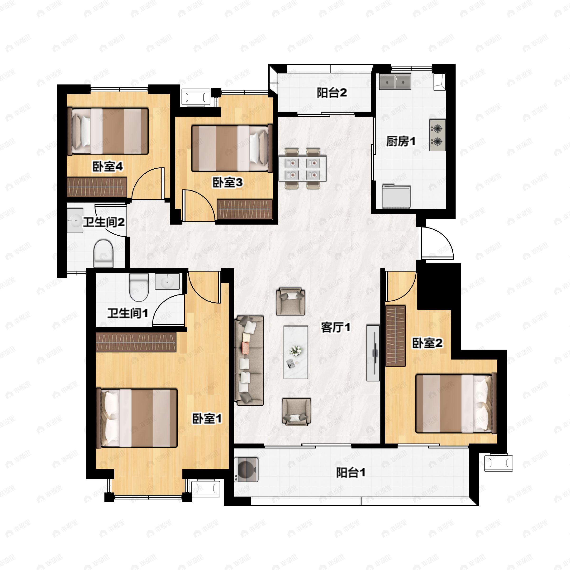 4室2厅2卫建面126平南户型图