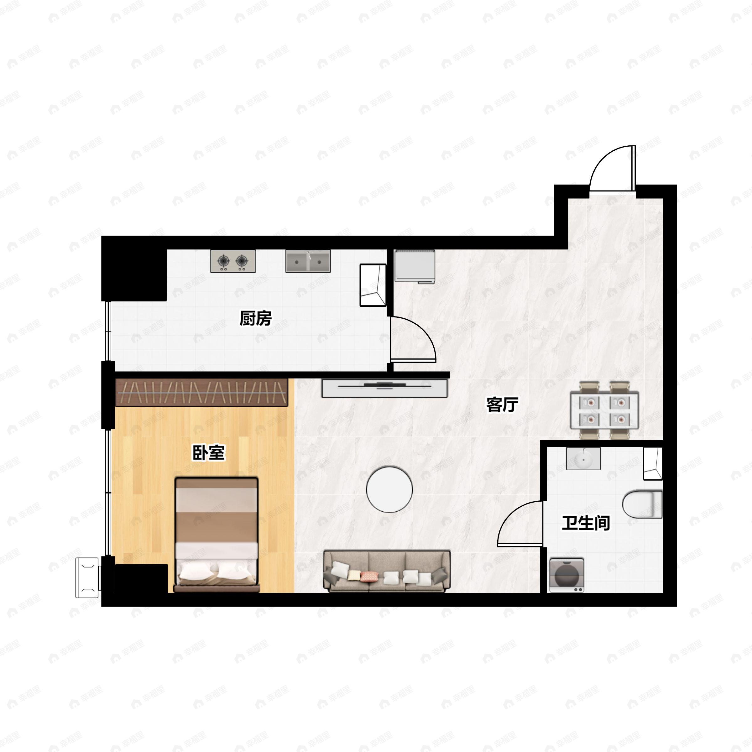 1室2厅1卫建面55m²西户型图