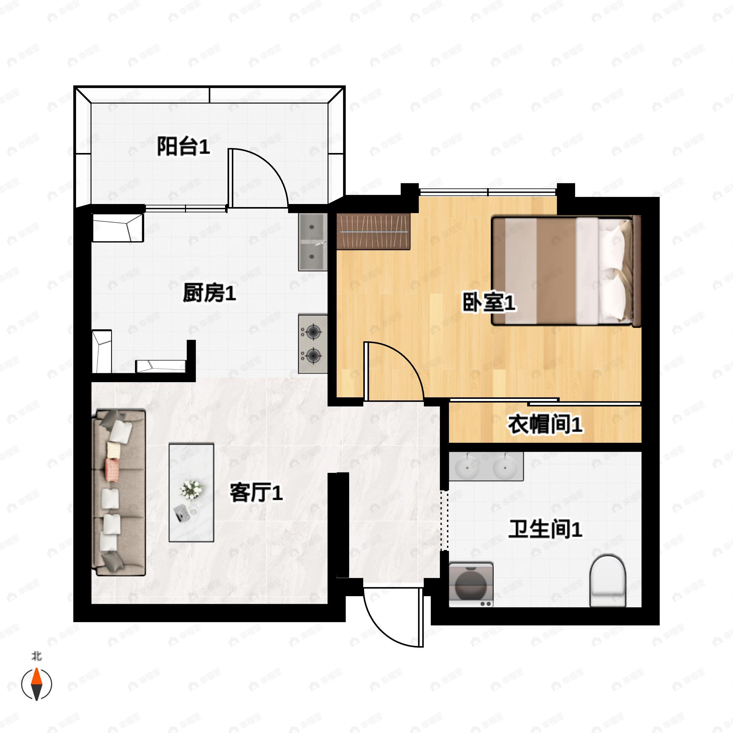 1室1厅1卫建面55平户型图