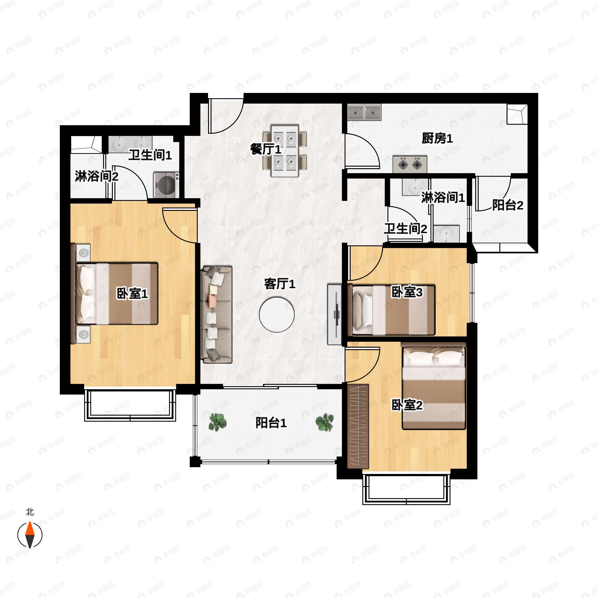 3室2厅2卫建面105m²北|南户型图
