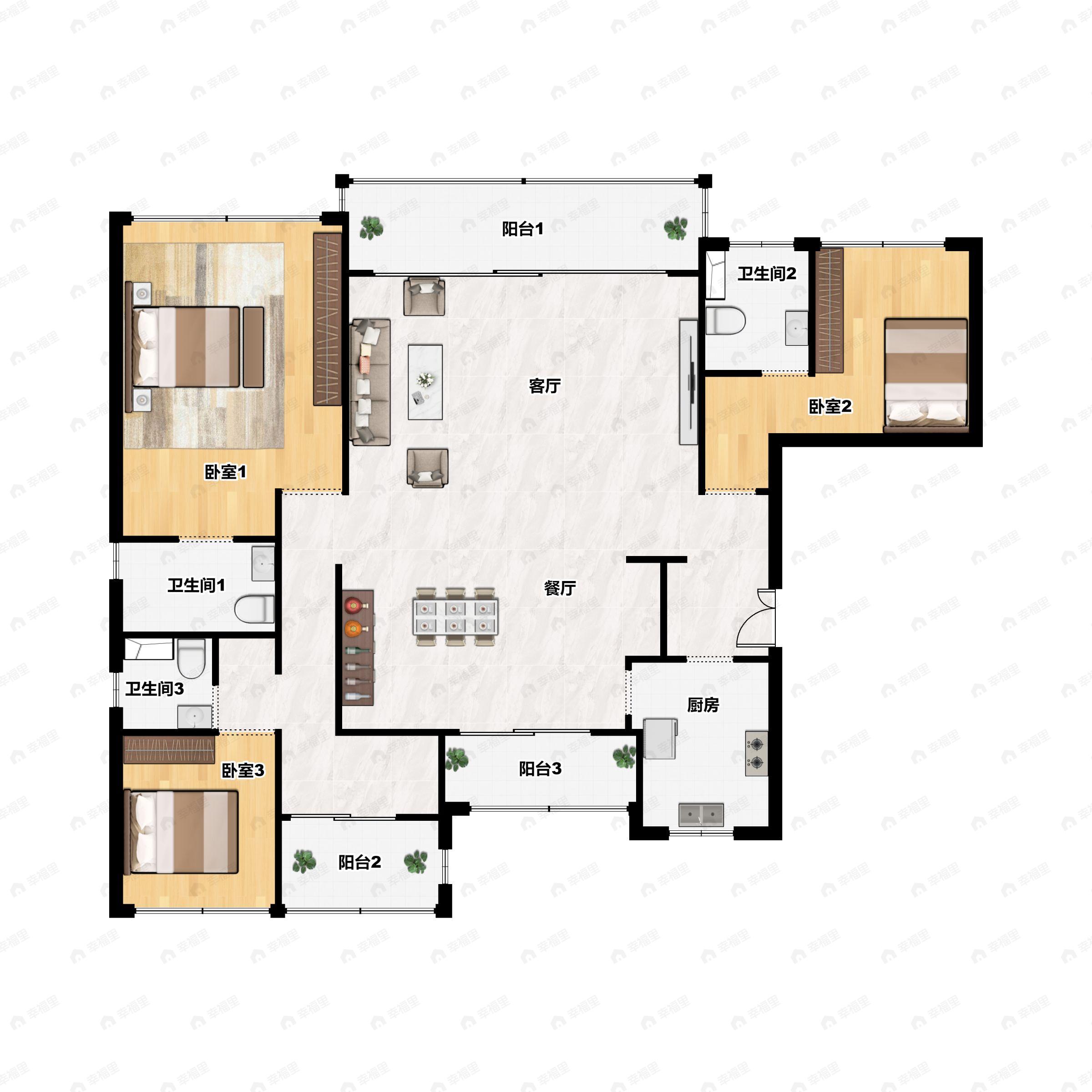 3室2厅3卫建面188m²南户型图