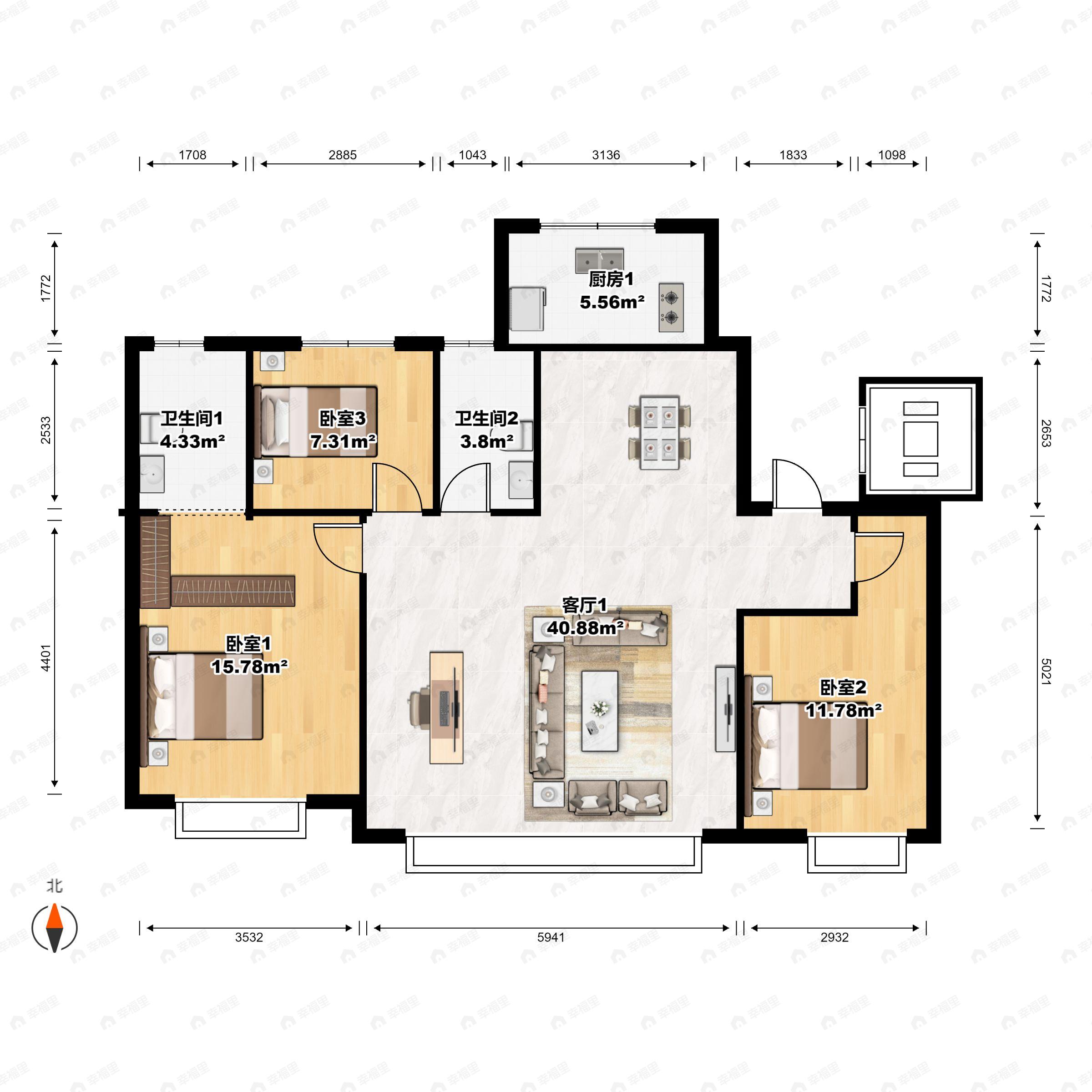3室3厅2卫建面136平户型图