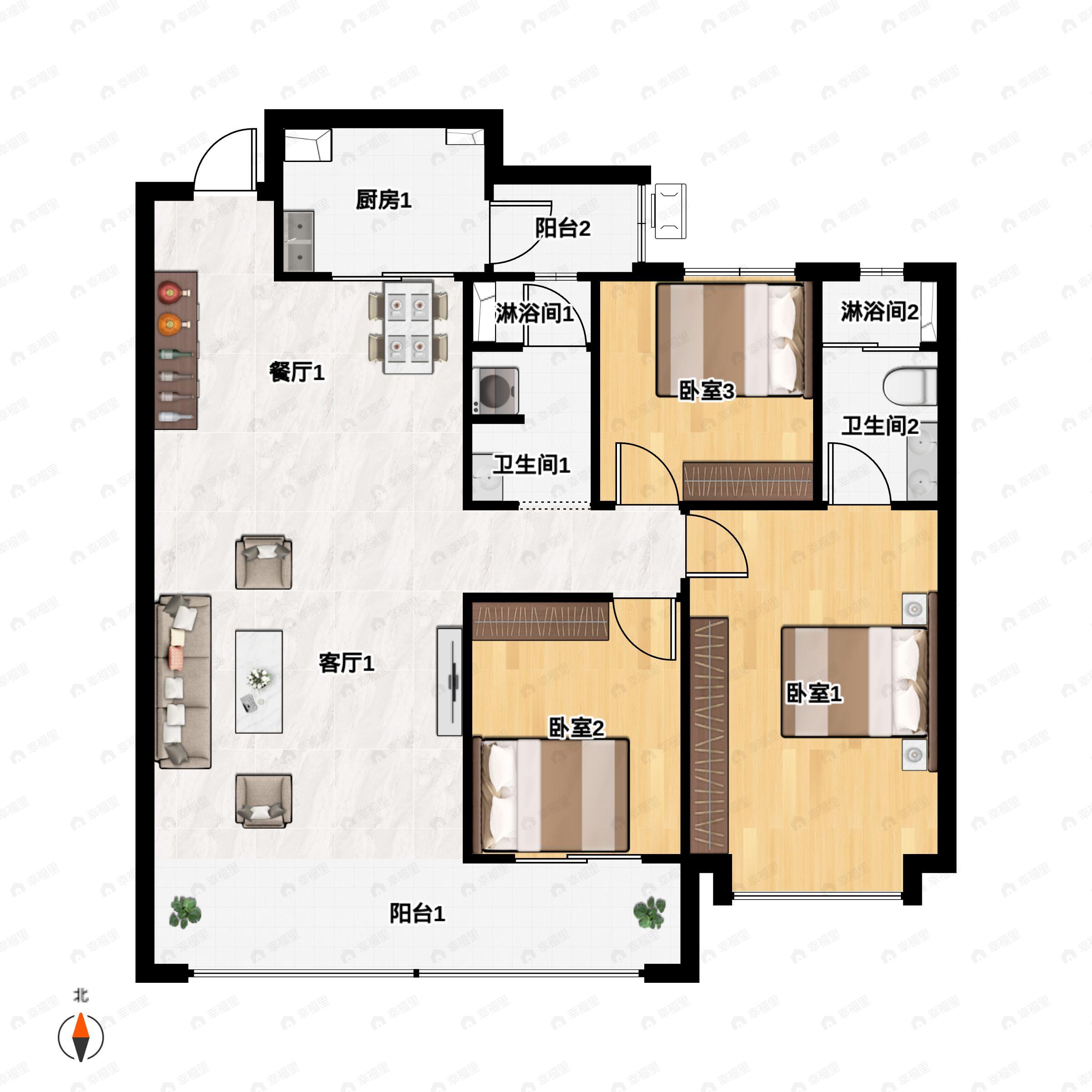 3室2厅2卫建面128m²南户型图