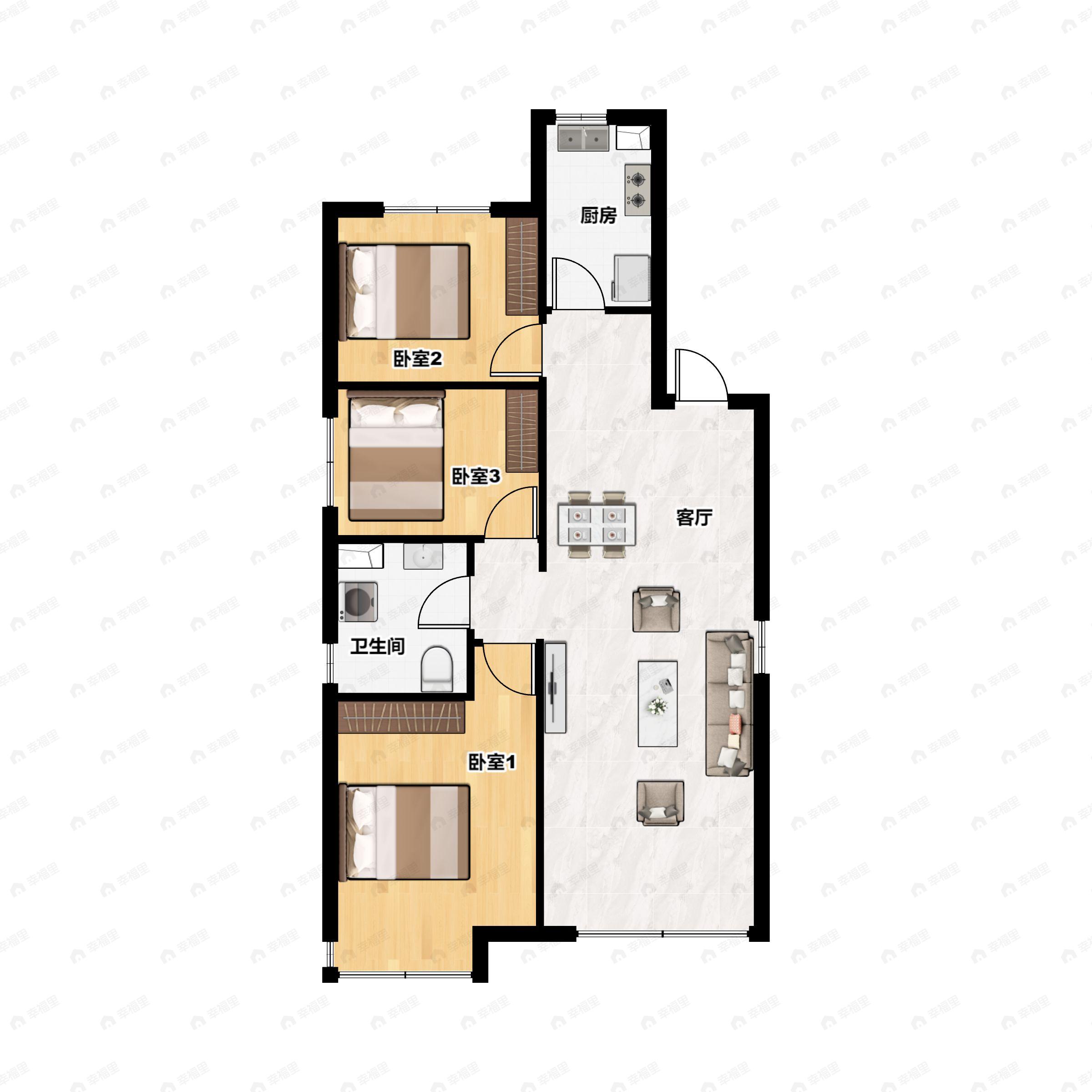 3室2厅1卫建面110平北|西|南户型图