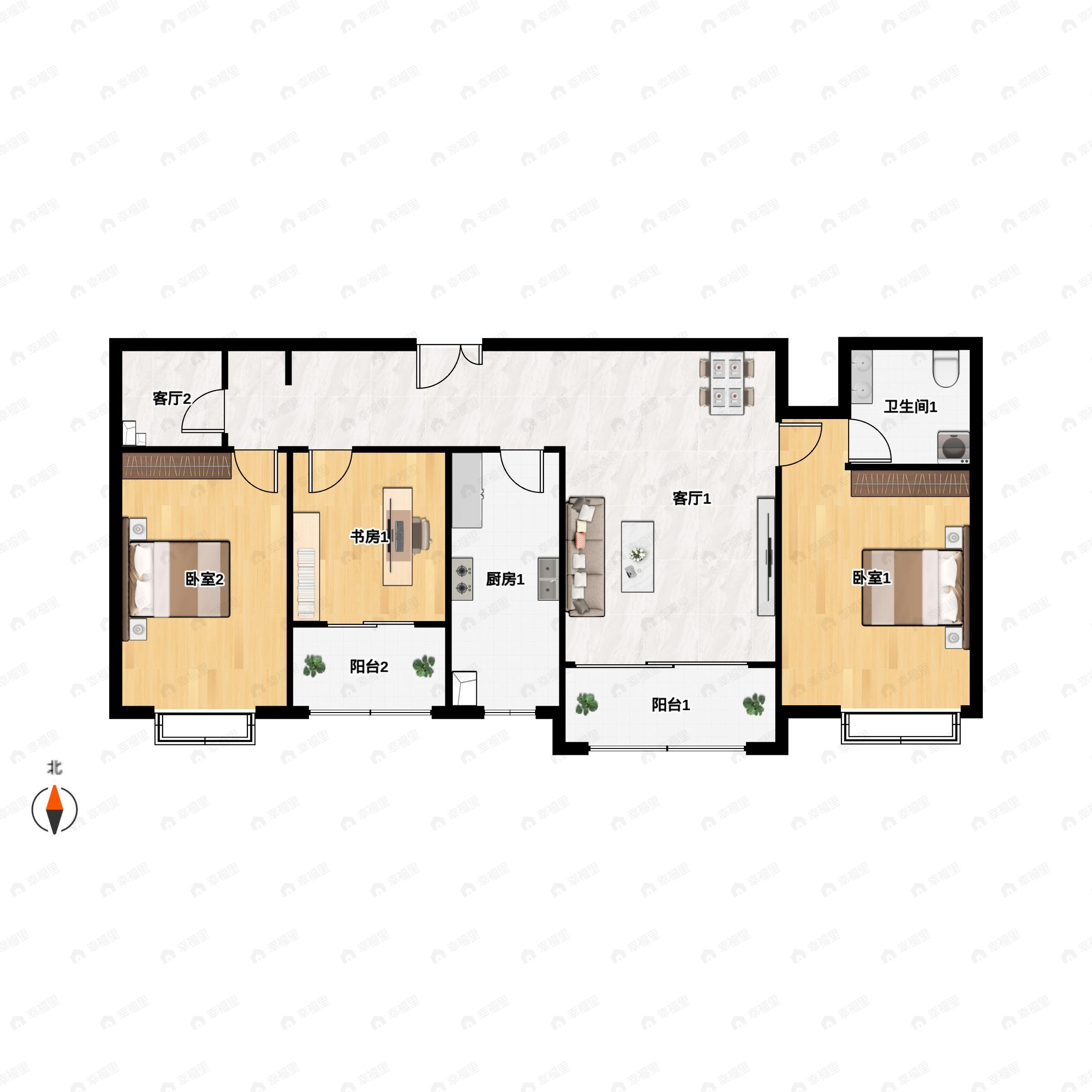 3室2厅2卫建面125m²南|北户型图