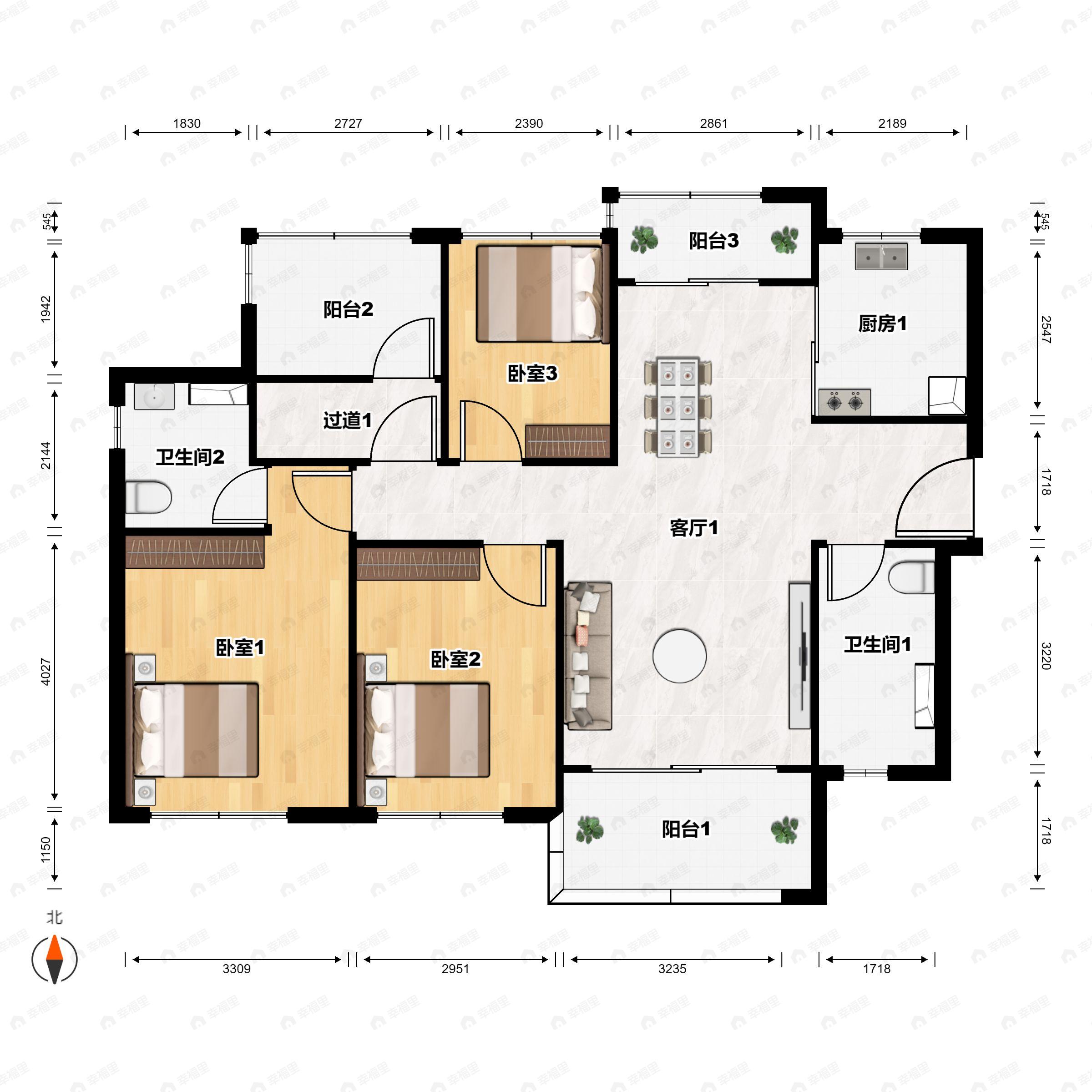 3室2厅2卫建面105平东北户型图