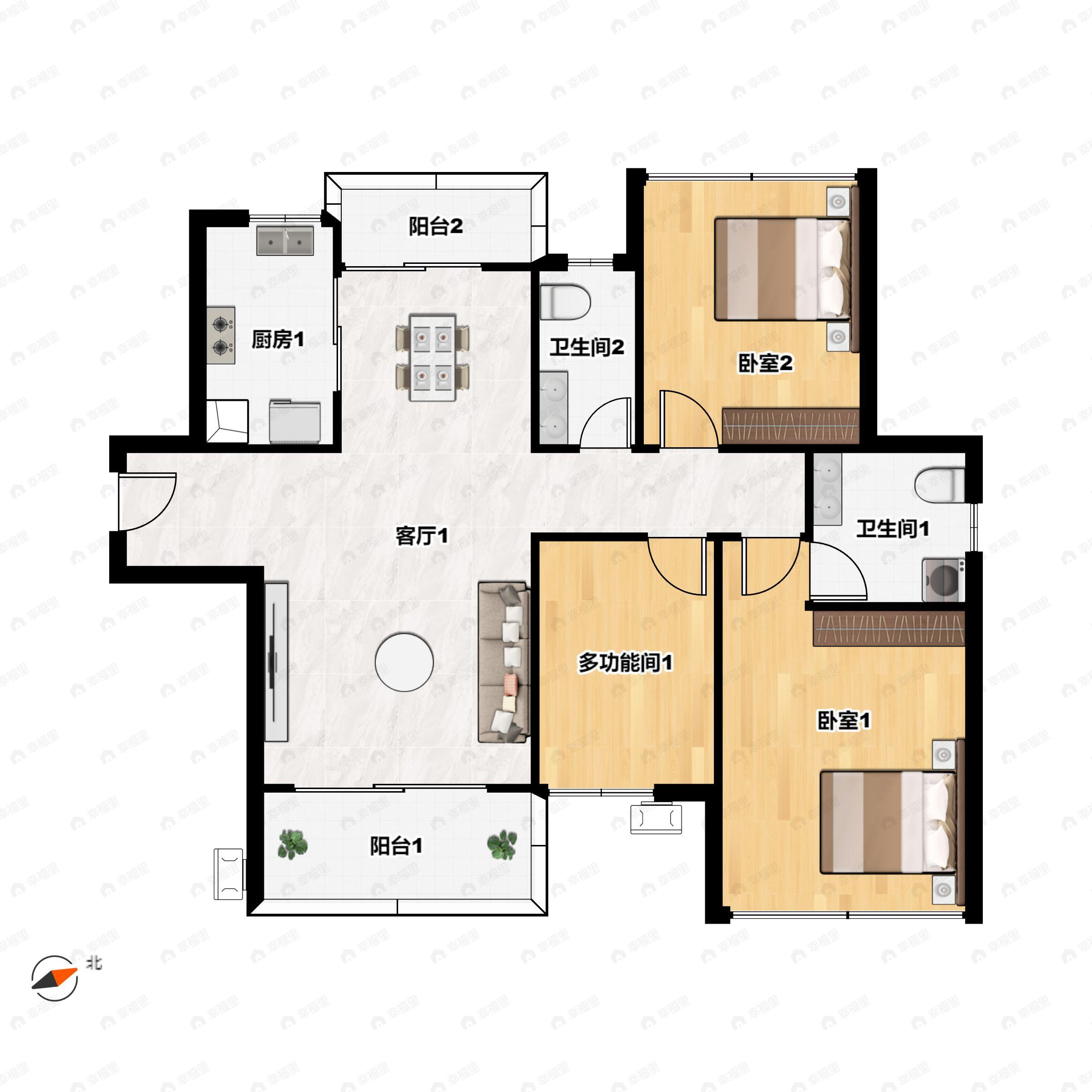 3室2厅2卫建面100m²南户型图