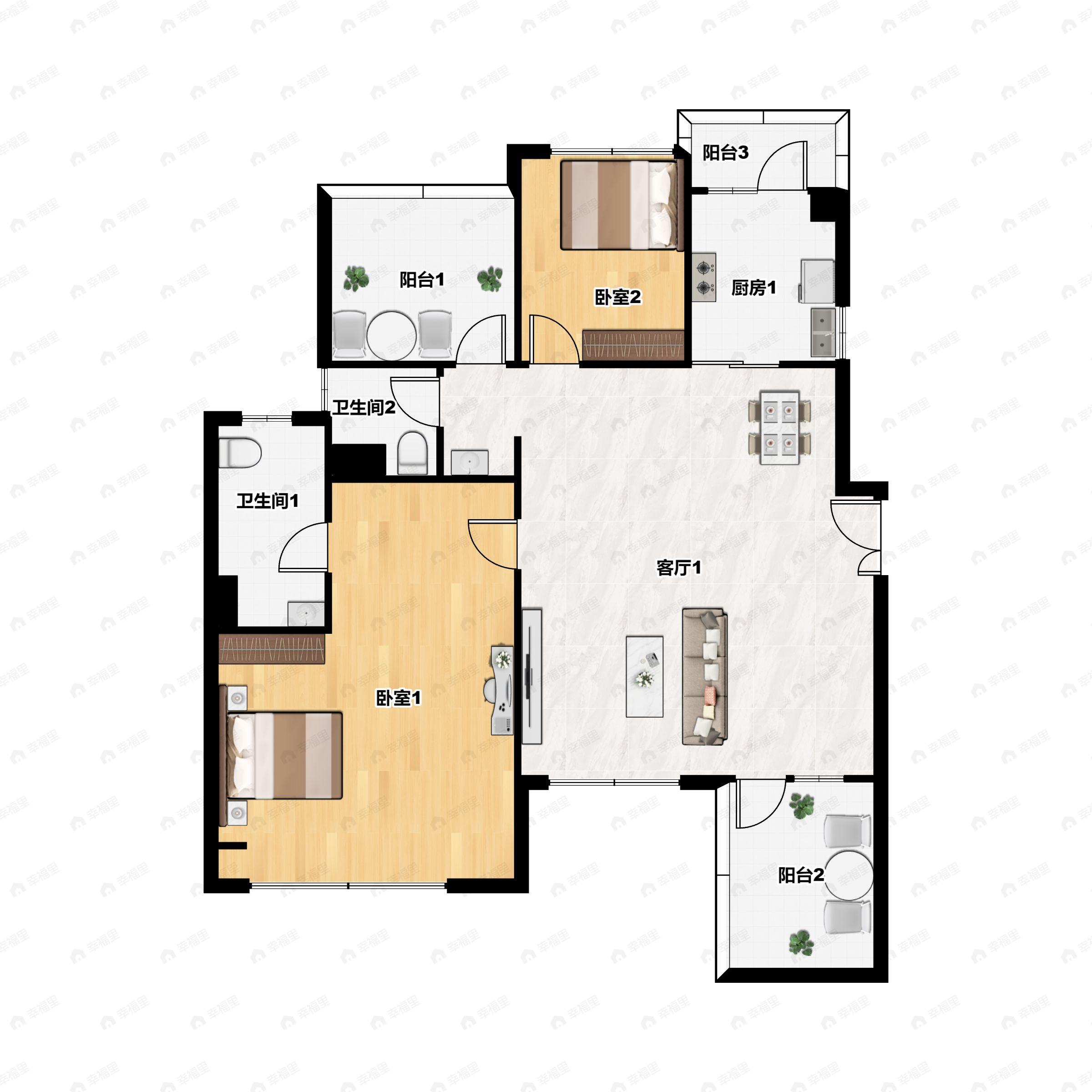2室2厅2卫建面121m²南户型图