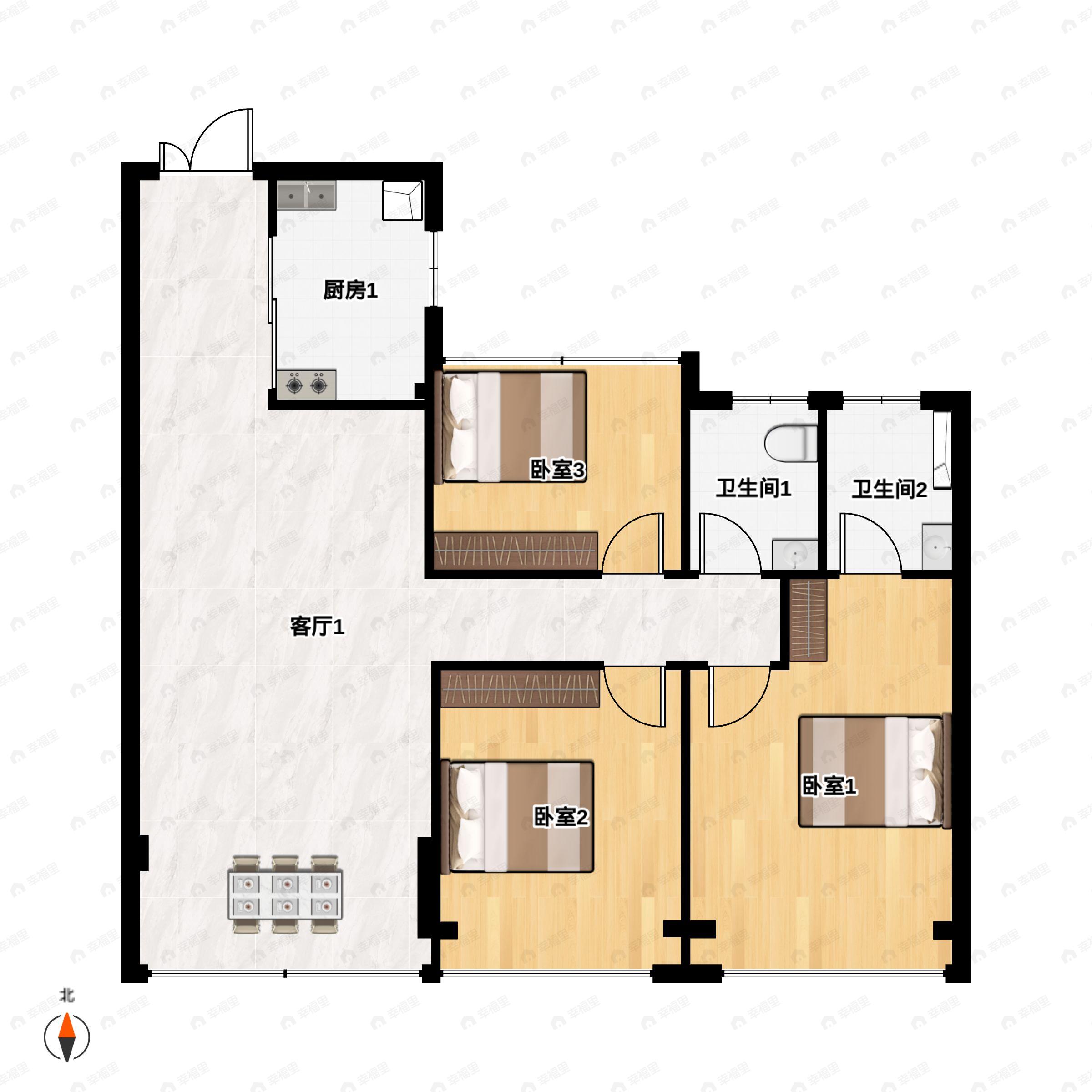 3室2厅2卫建面89m²南户型图