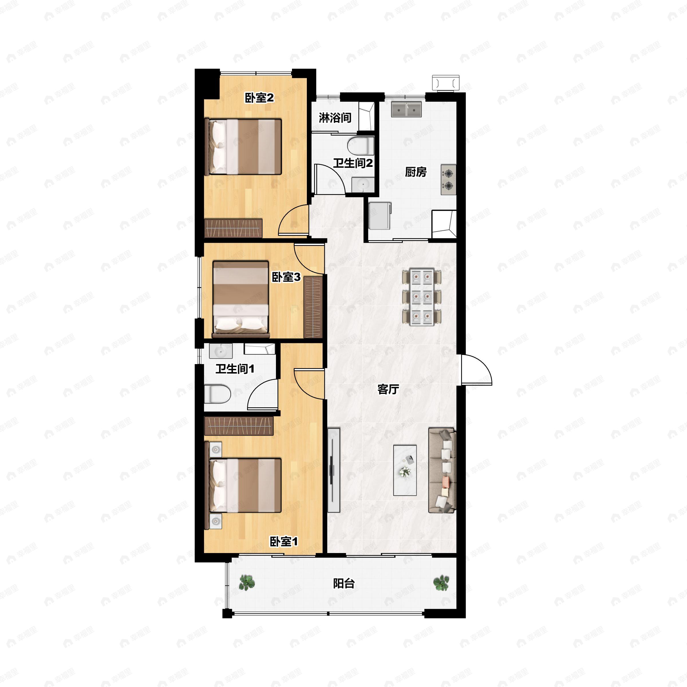 3室2厅2卫建面140m²北|南户型图