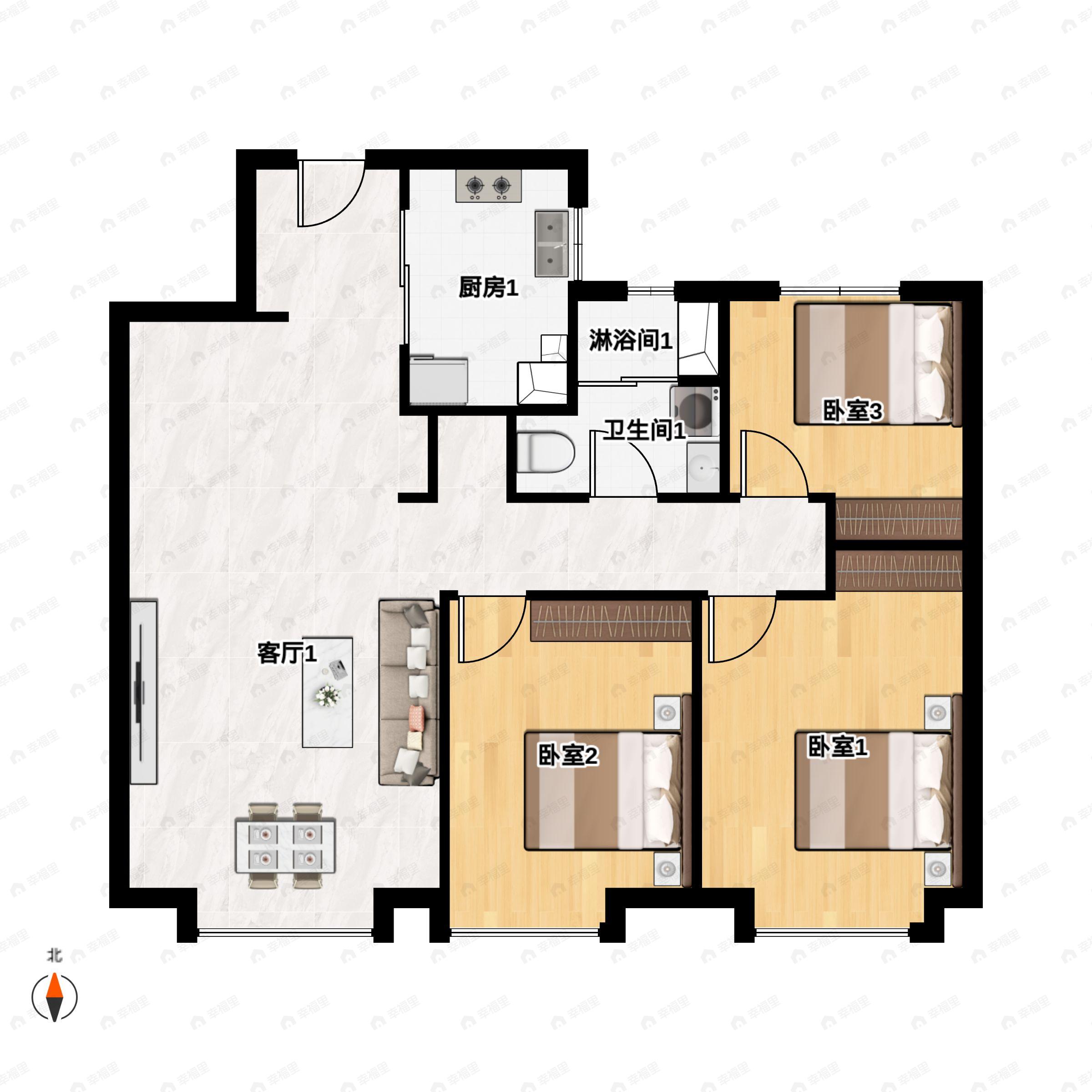 3室2厅1卫建面105m²南户型图