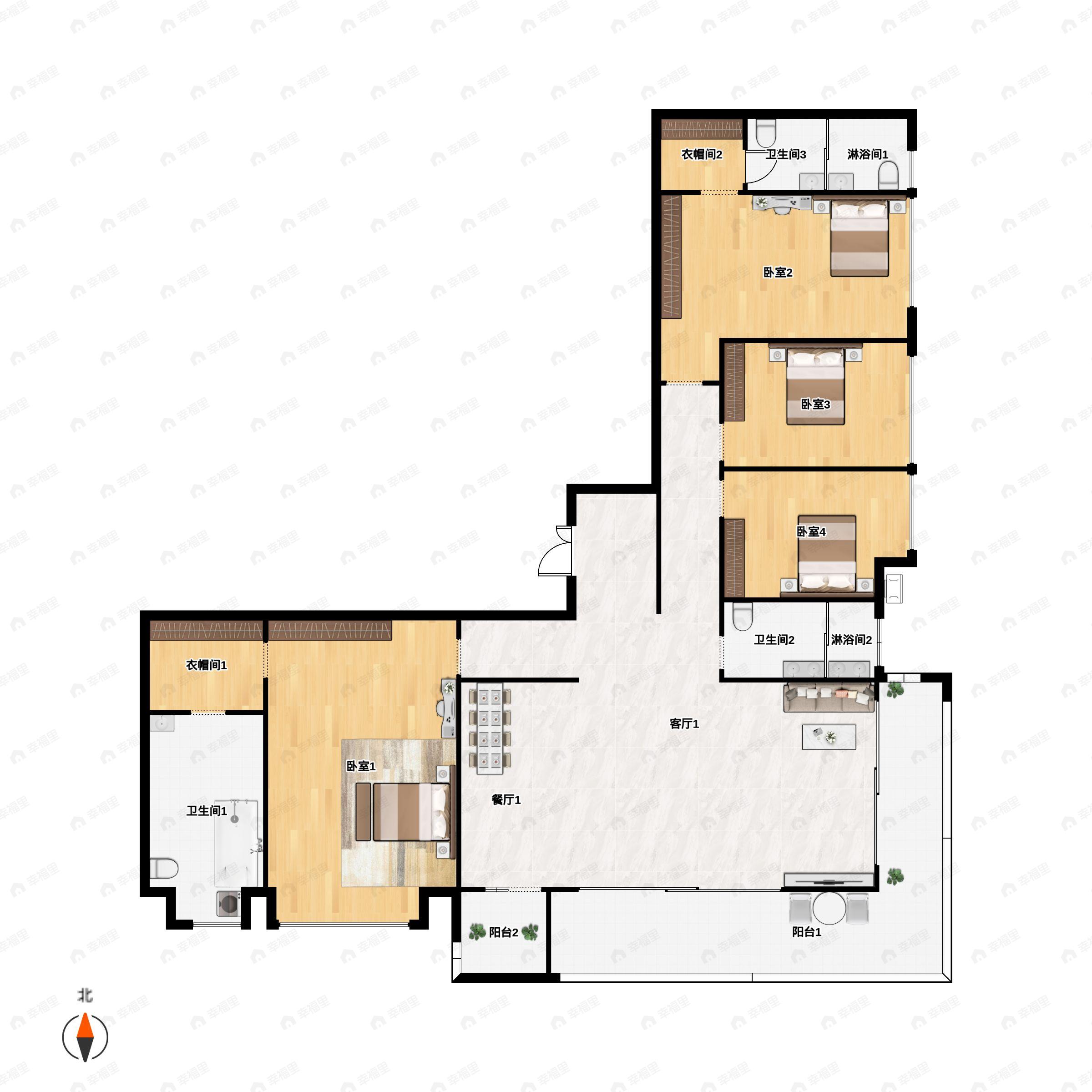 4室2厅3卫建面257m²西南户型图
