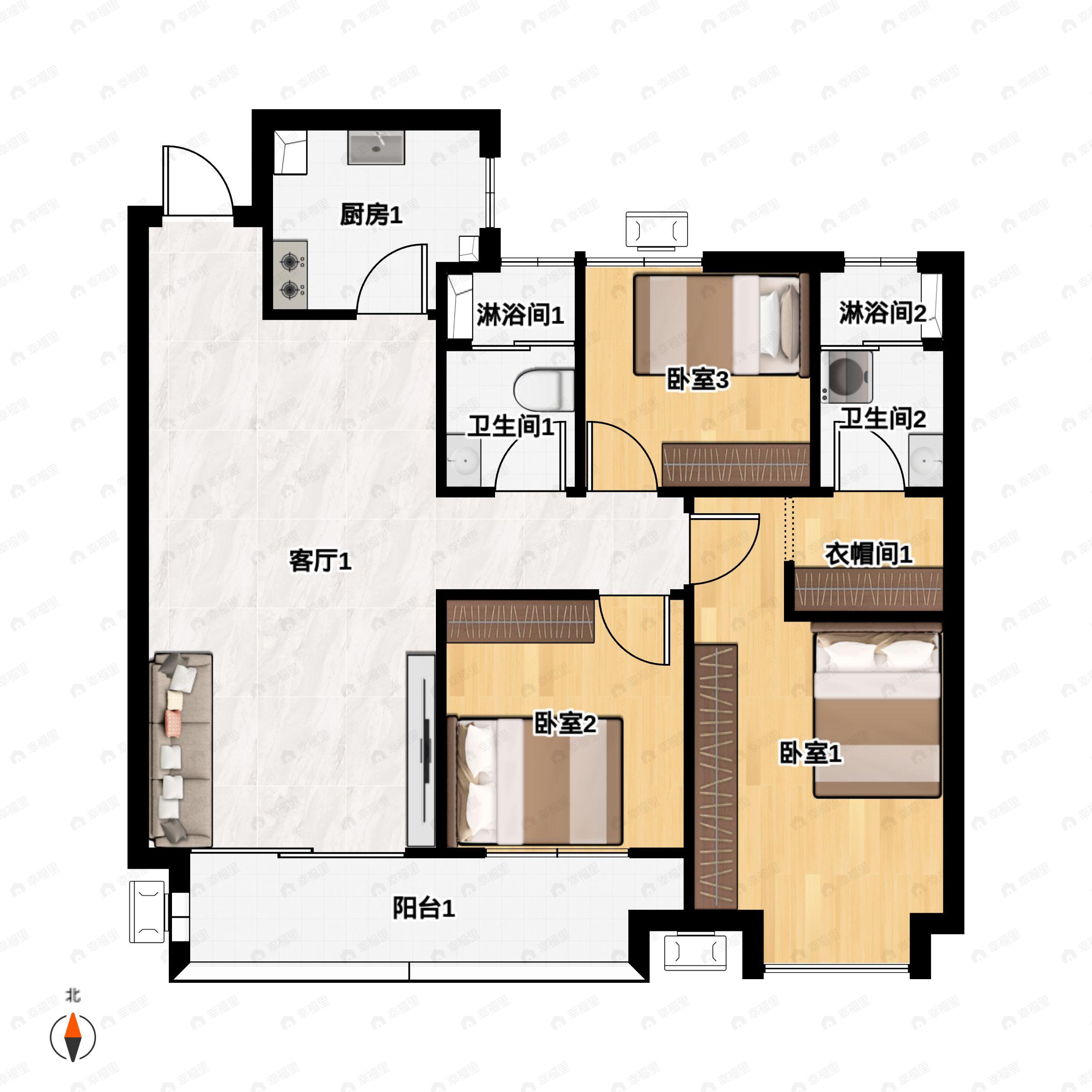 3室2厅2卫建面109平户型图