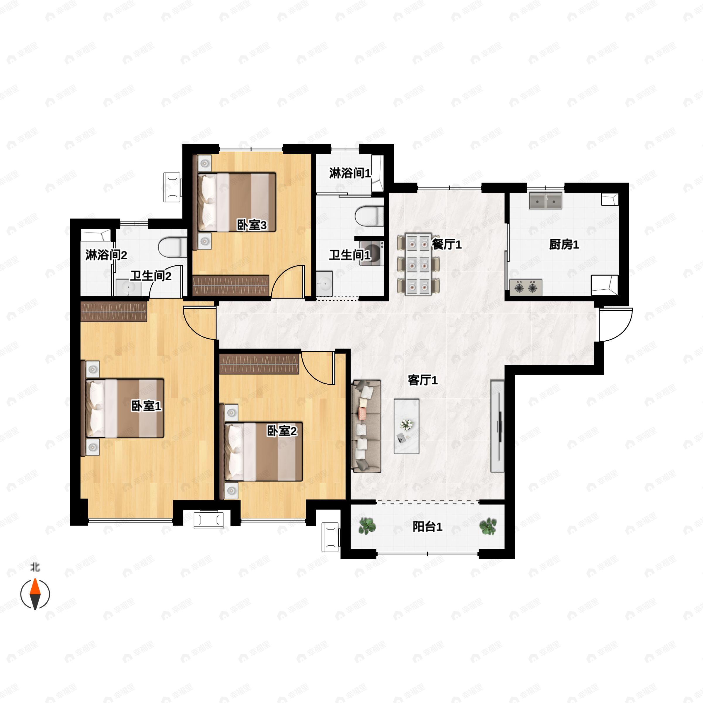3室2厅2卫建面118平北|南户型图